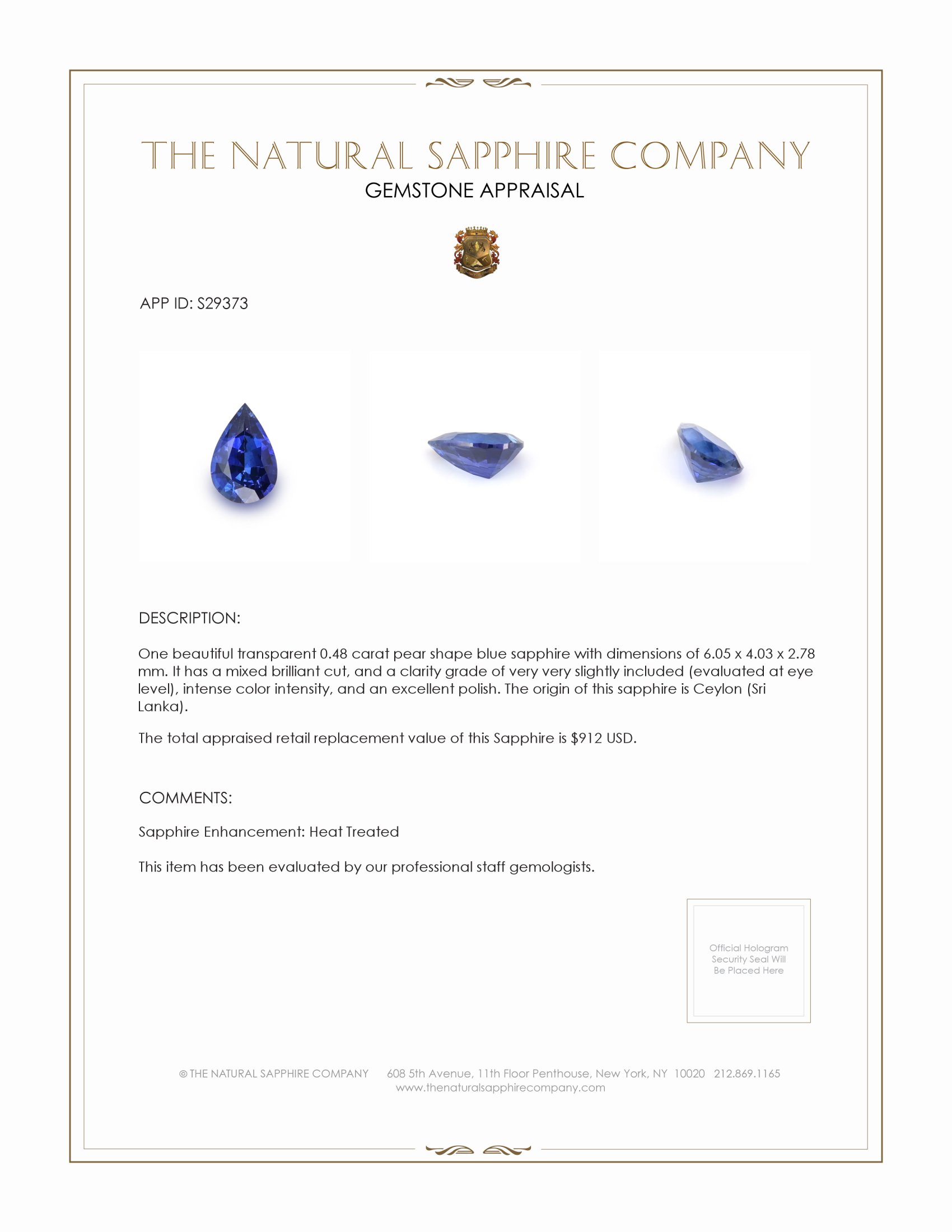 0.48 Ct. Blue Sapphire from Ceylon (Sri Lanka)
