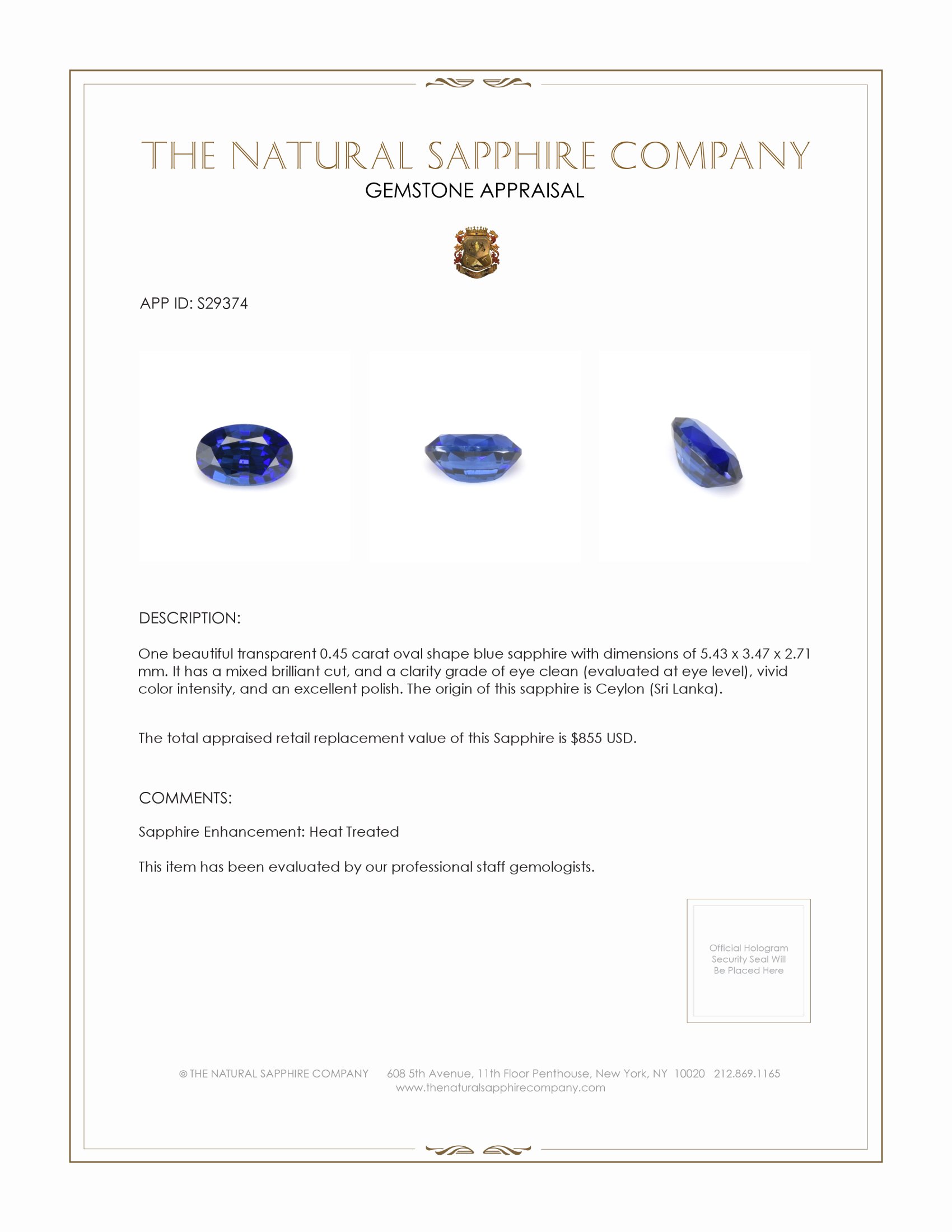 0.45 Ct. Blue Sapphire from Ceylon (Sri Lanka)