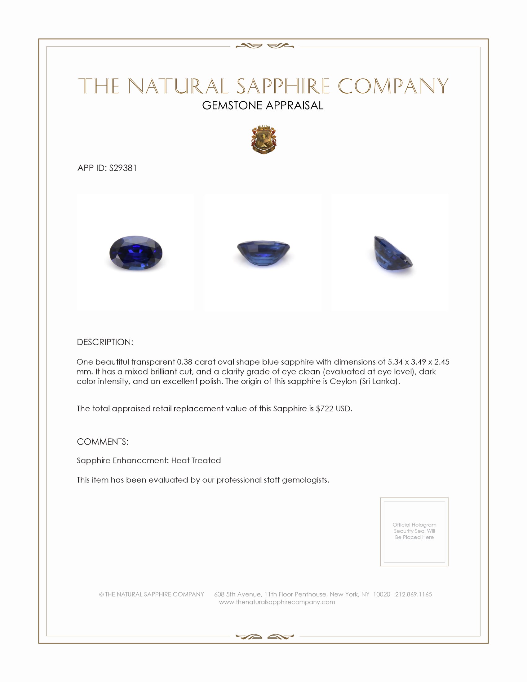 0.38 Ct. Blue Sapphire from Ceylon (Sri Lanka)