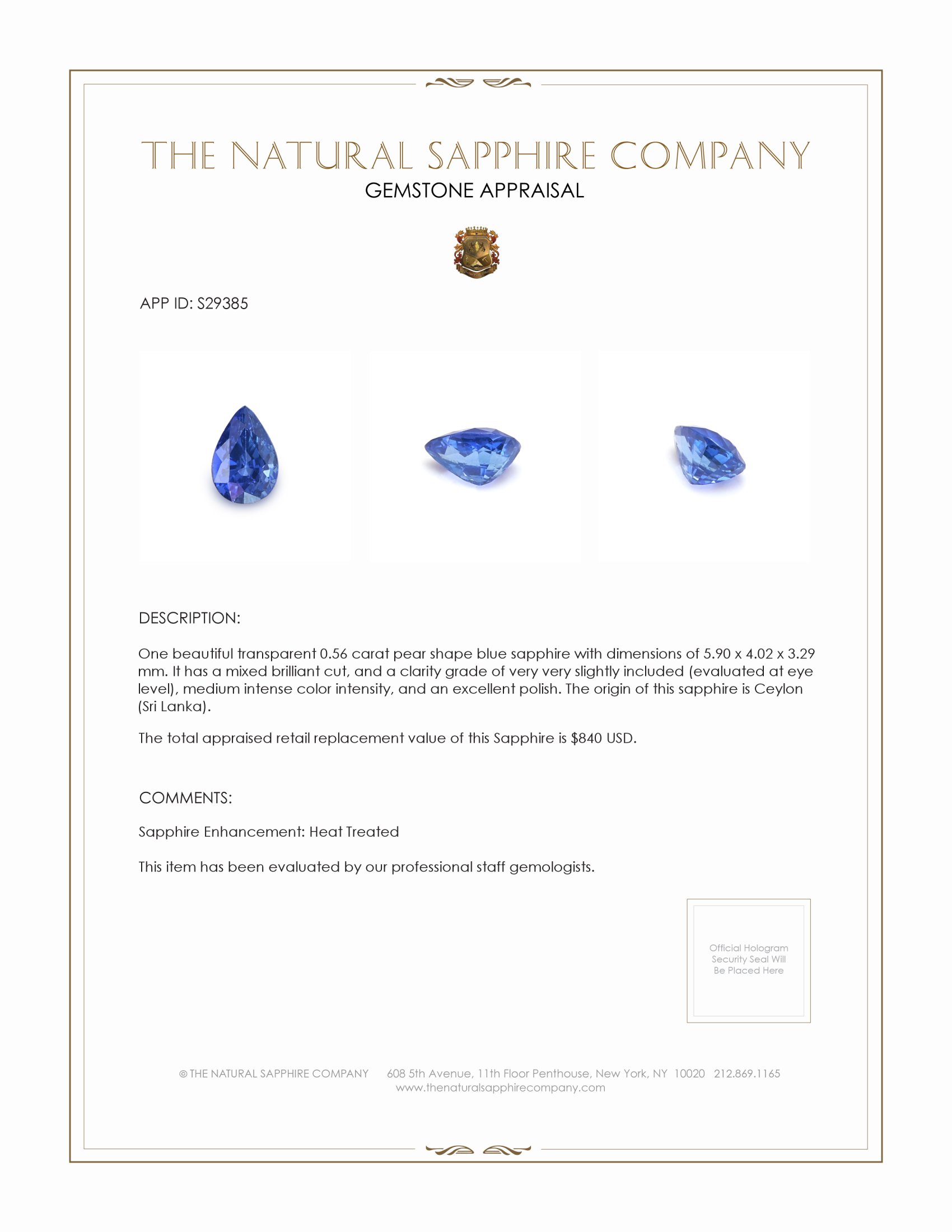0.56 Ct. Blue Sapphire from Ceylon (Sri Lanka)