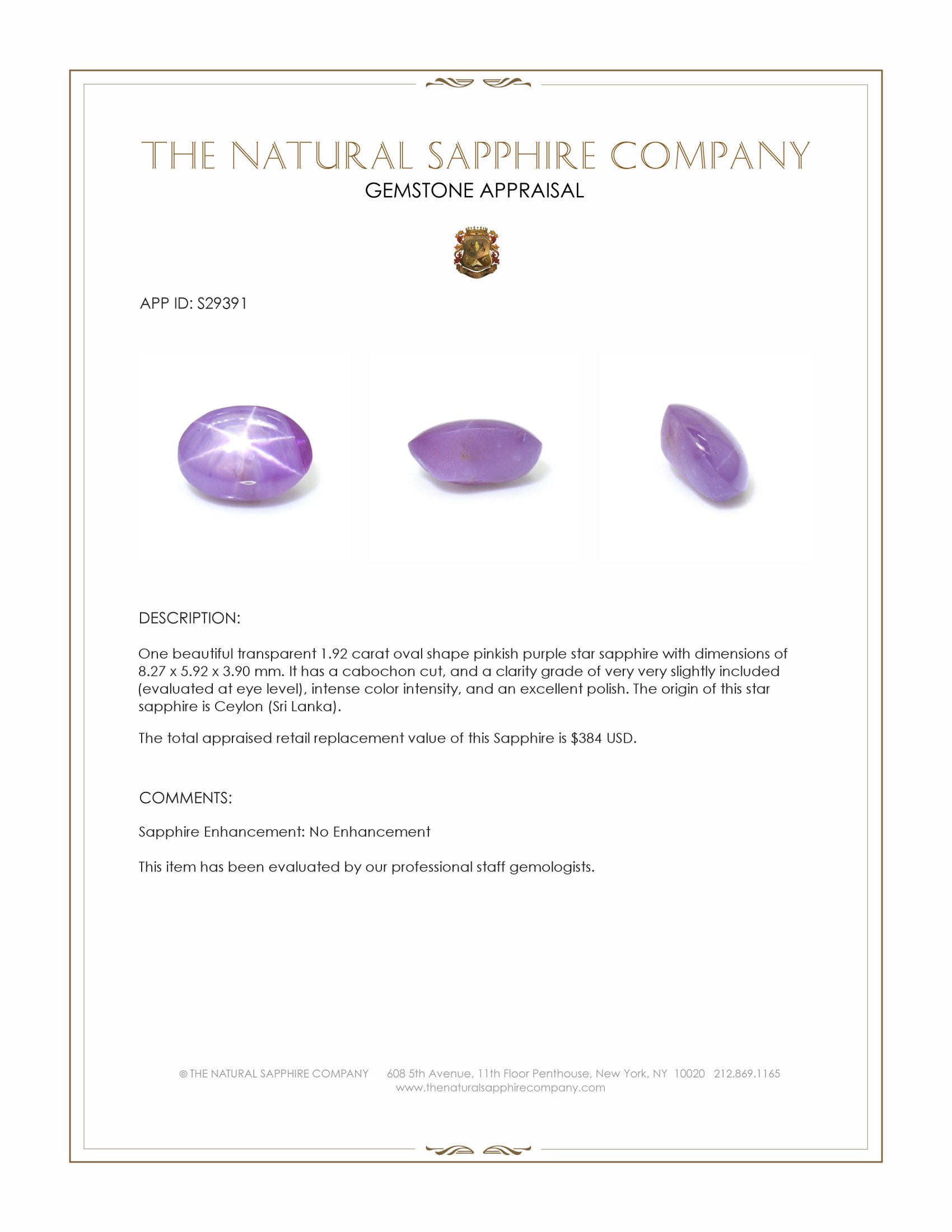 1.92 Ct. Pinkish Purple Star Sapphire from Ceylon (Sri Lanka)