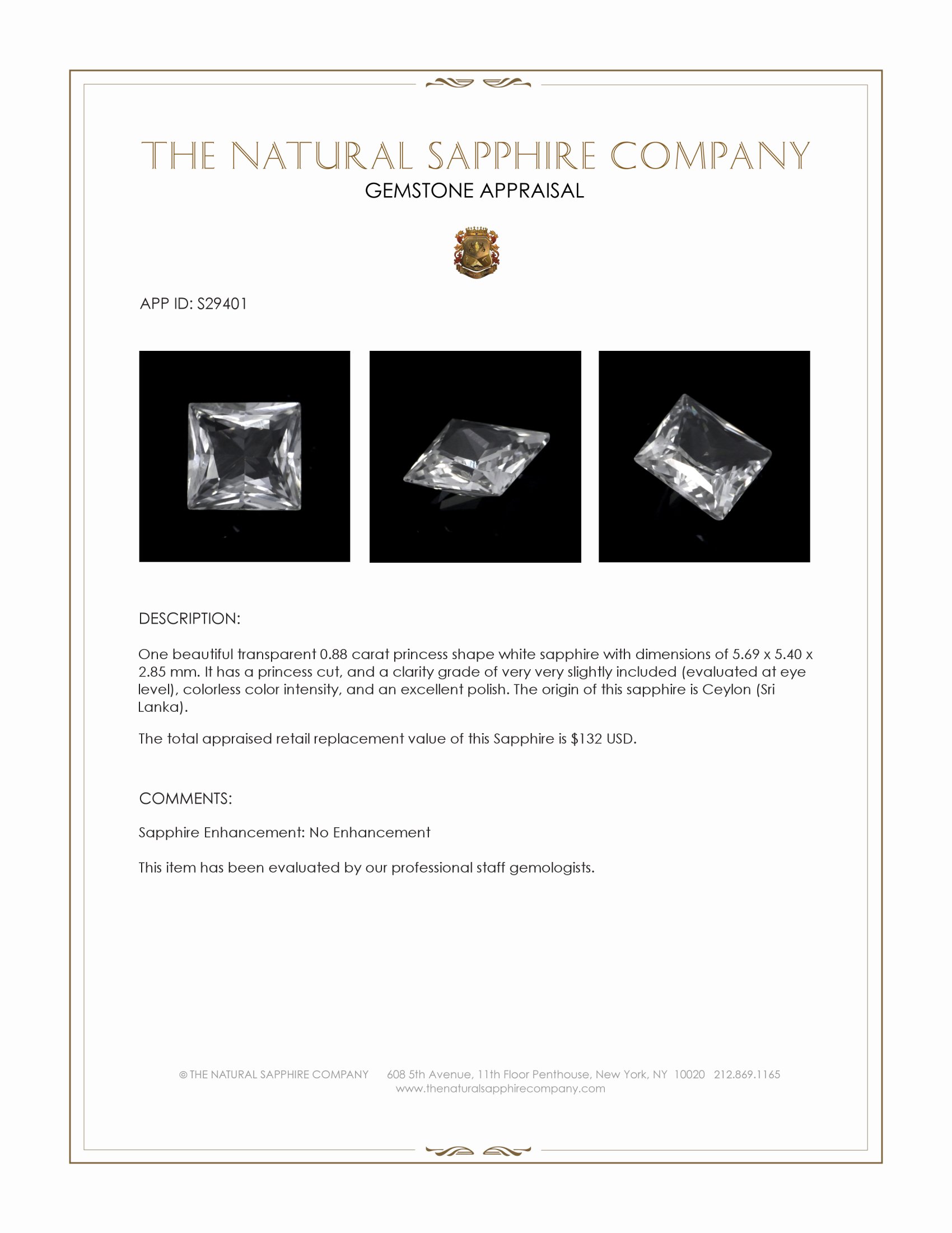 0.88 Ct. White Sapphire from Ceylon (Sri Lanka)