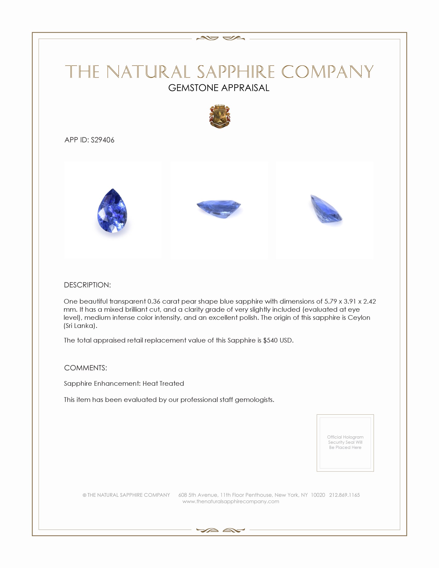 0.36 Ct. Blue Sapphire from Ceylon (Sri Lanka)