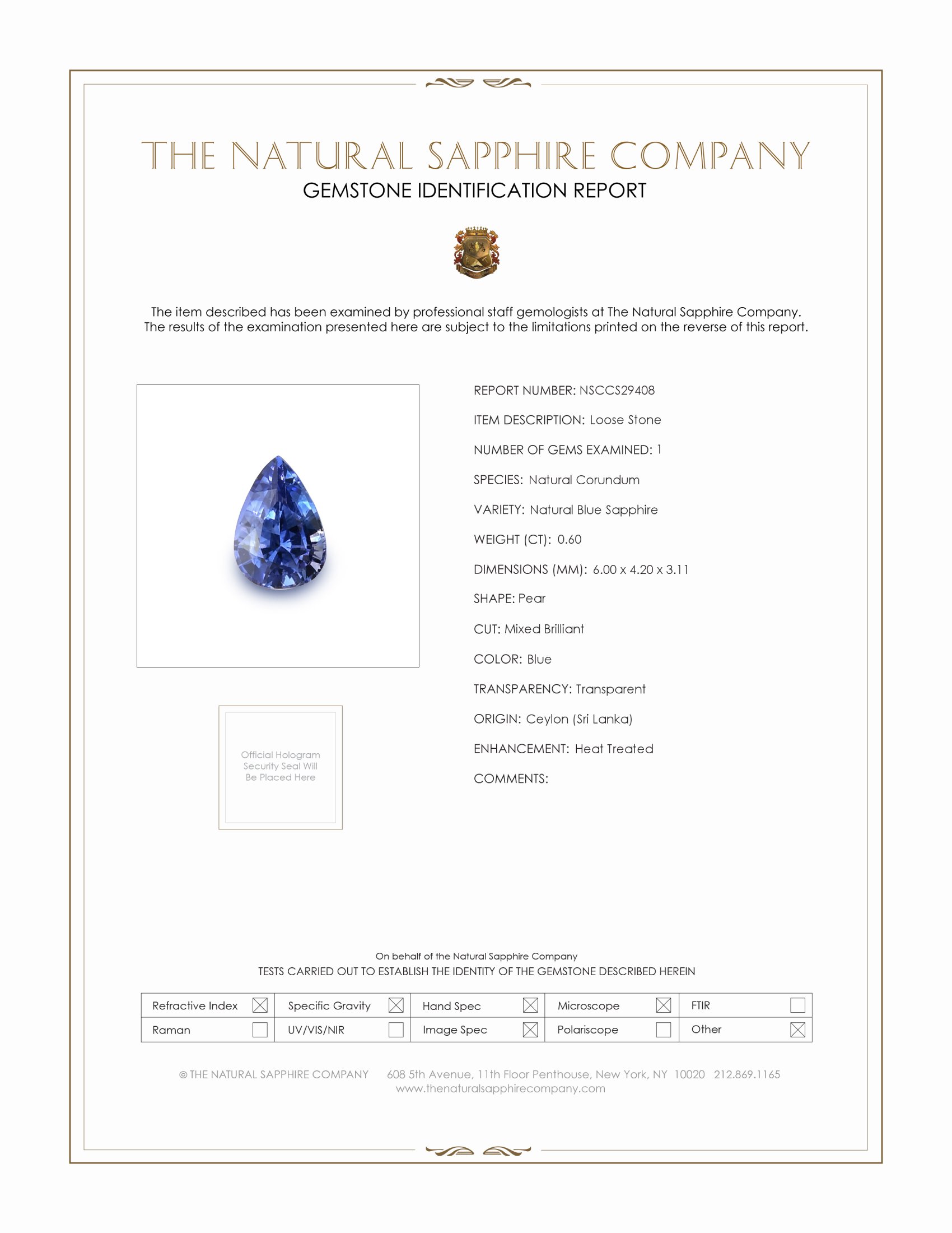 0.60 Ct. Blue Sapphire from Ceylon (Sri Lanka)