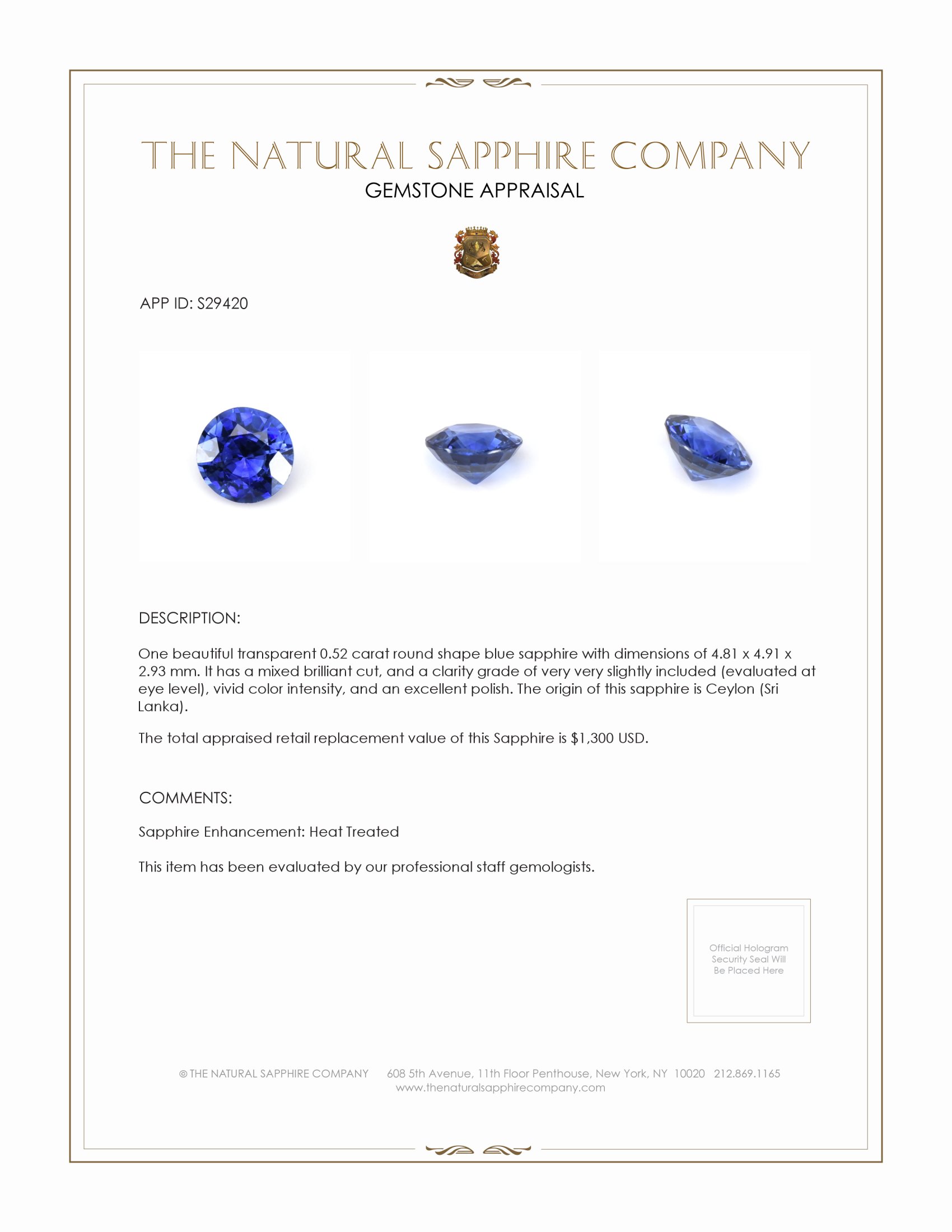 0.52 Ct. Blue Sapphire from Ceylon (Sri Lanka)