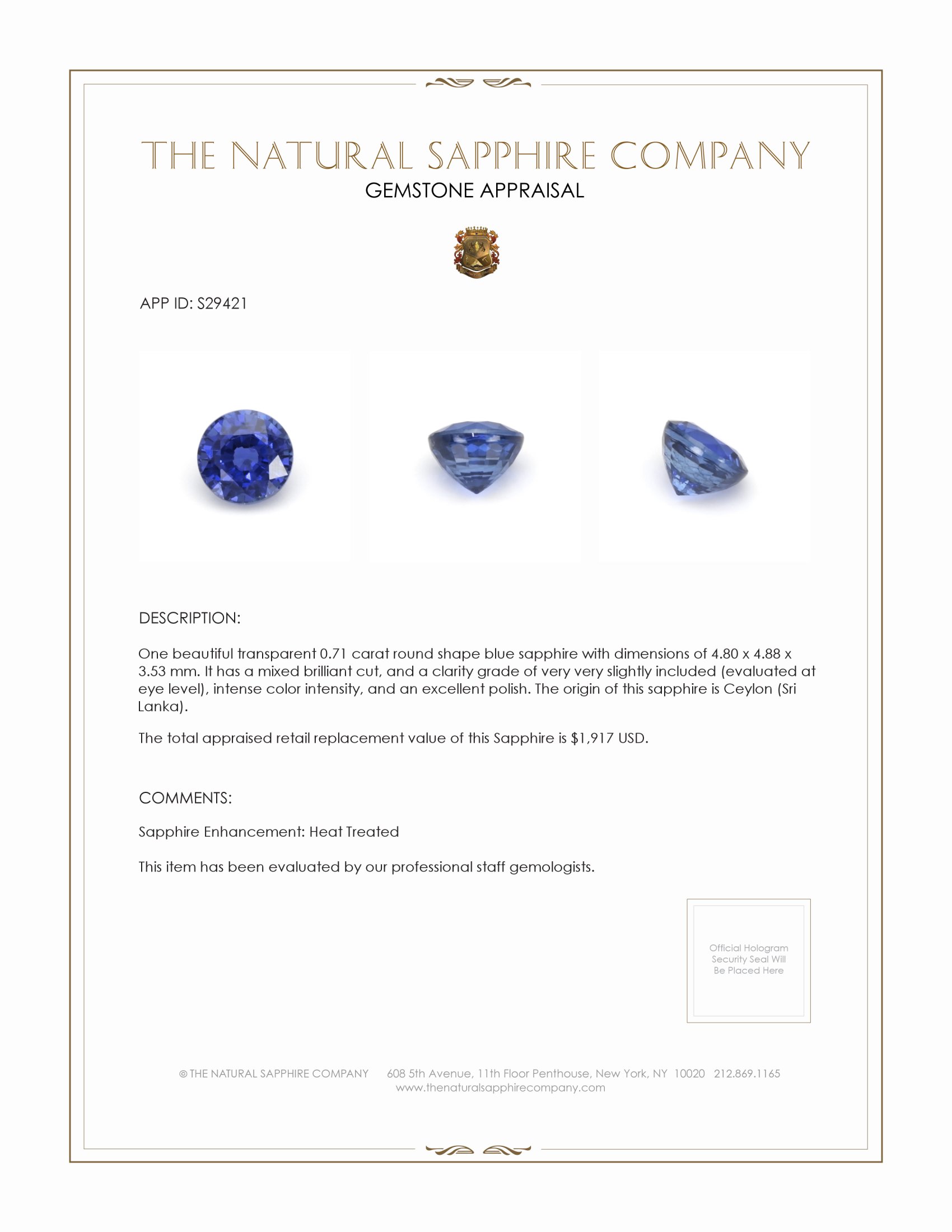 0.71 Ct. Blue Sapphire from Ceylon (Sri Lanka)
