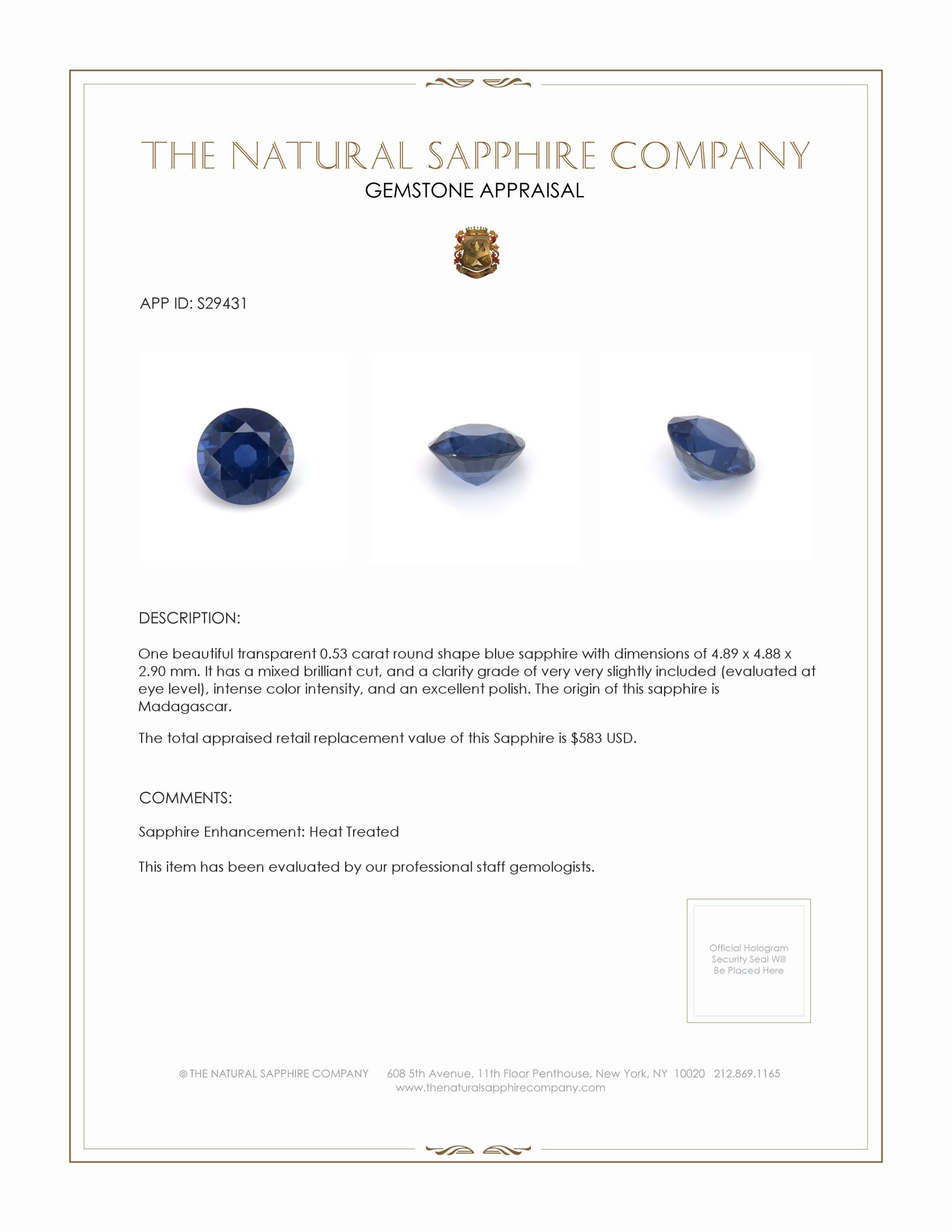 0.53 Ct. Blue Sapphire from Madagascar