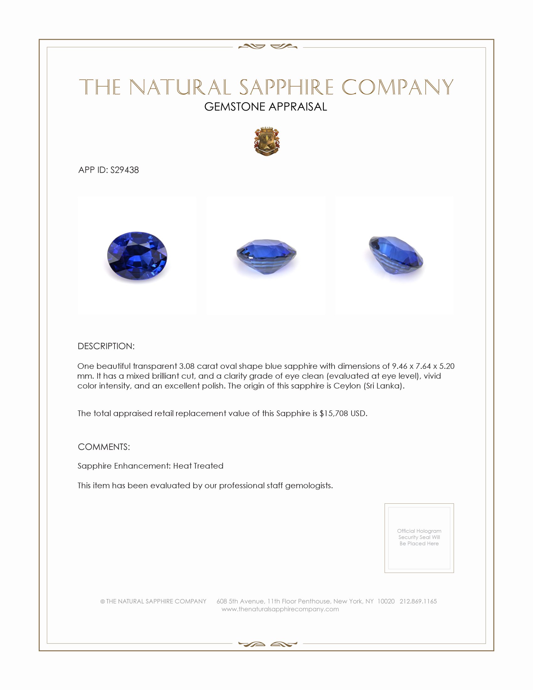3.08 Ct. Blue Sapphire from Ceylon (Sri Lanka)