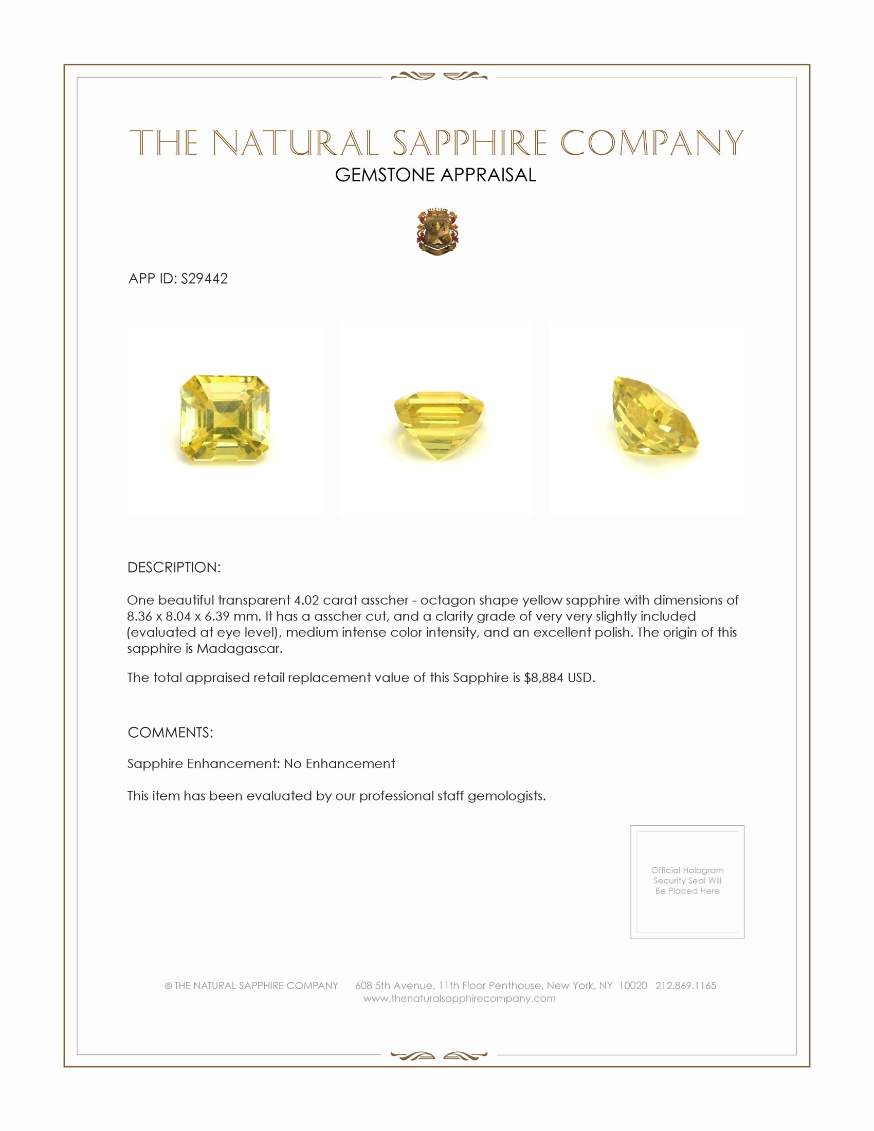 4.02 Ct. Yellow Sapphire from Madagascar