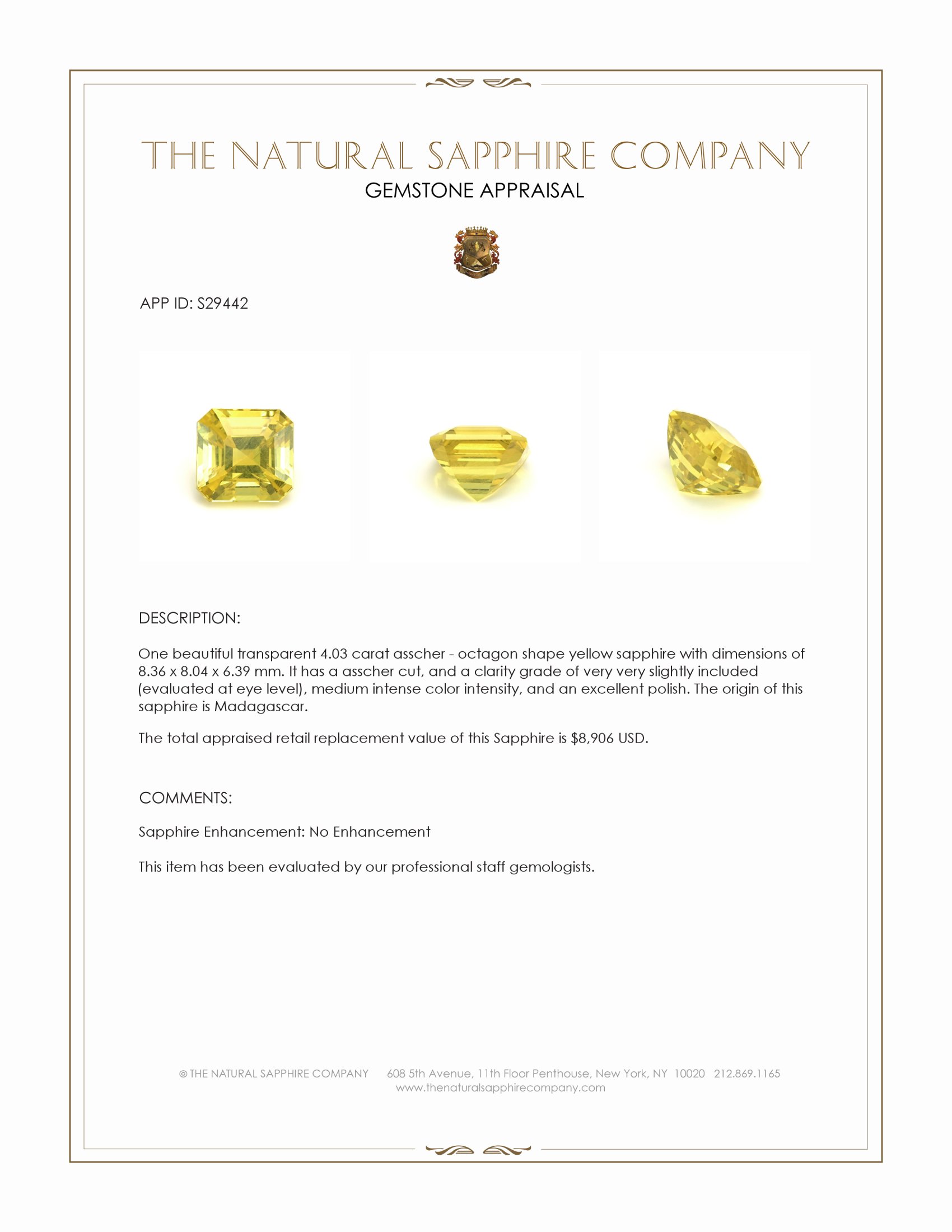 4.03 Ct. Yellow Sapphire from Madagascar