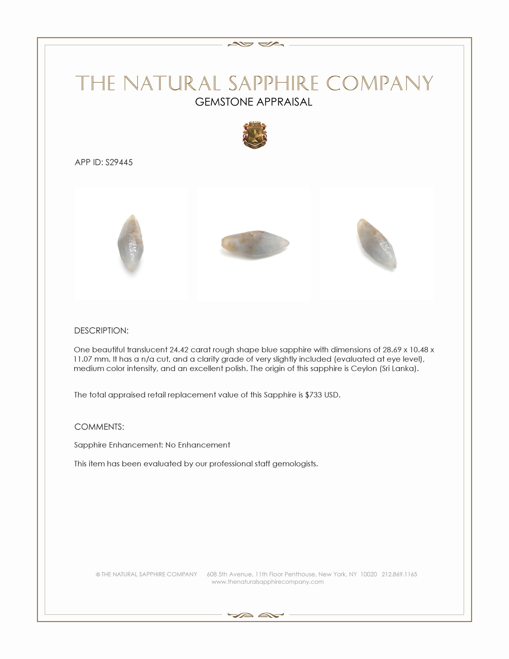 24.42 Ct. Blue Rough Sapphire from Ceylon (Sri Lanka)