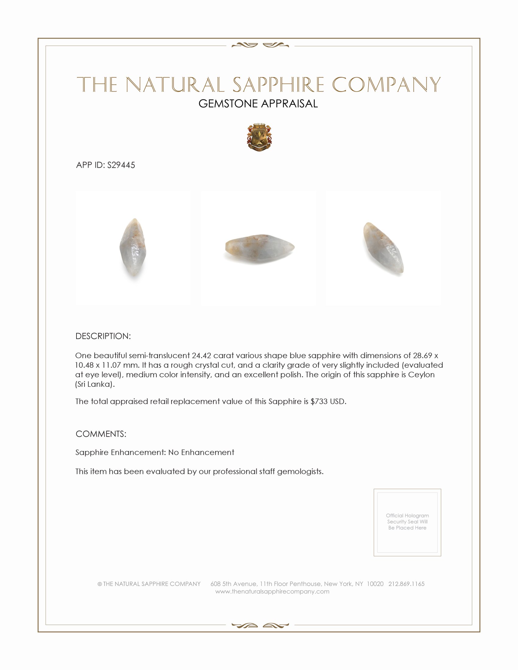 24.42 Ct. Blue Sapphire Crystal from Ceylon (Sri Lanka)