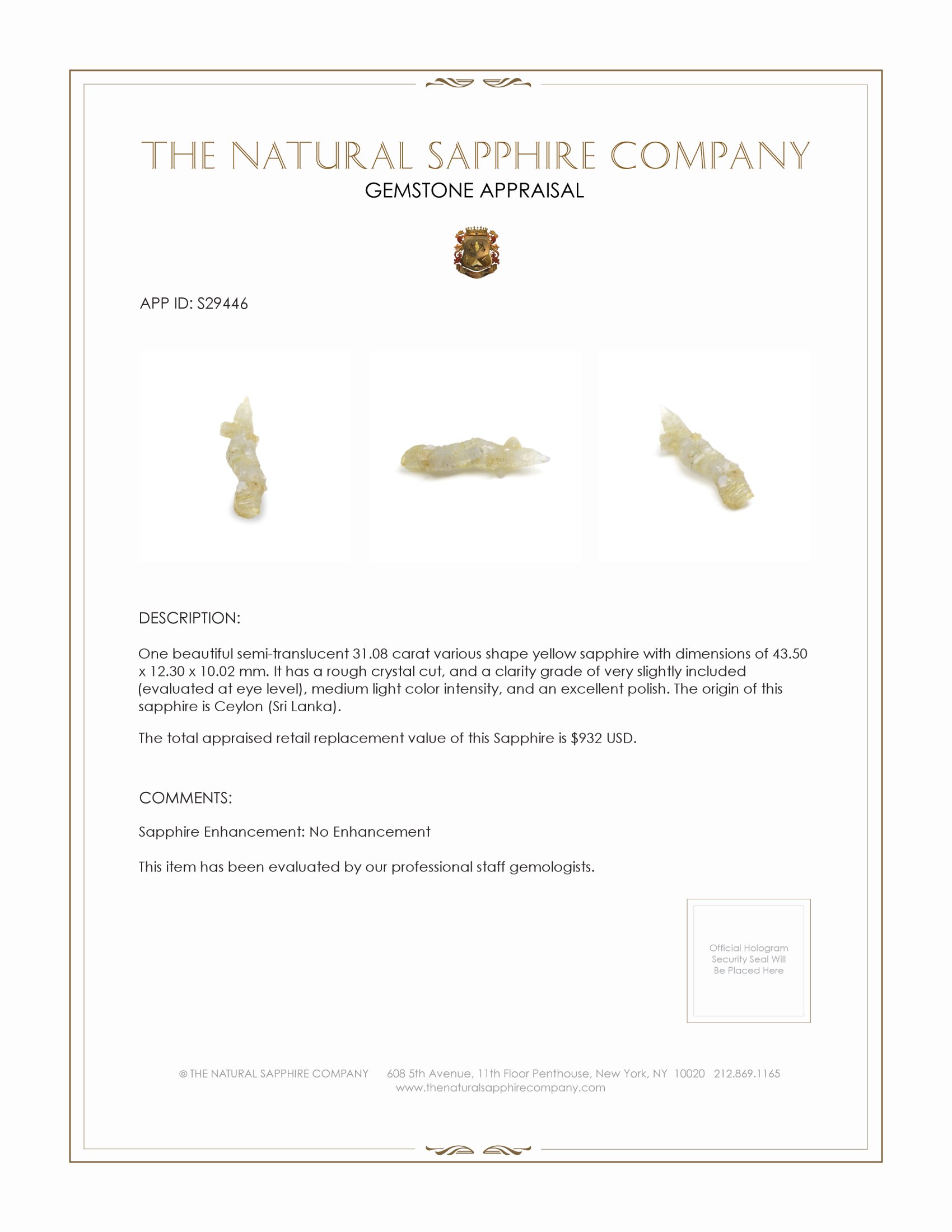 31.08 Ct. Yellow Sapphire Crystal from Ceylon (Sri Lanka)