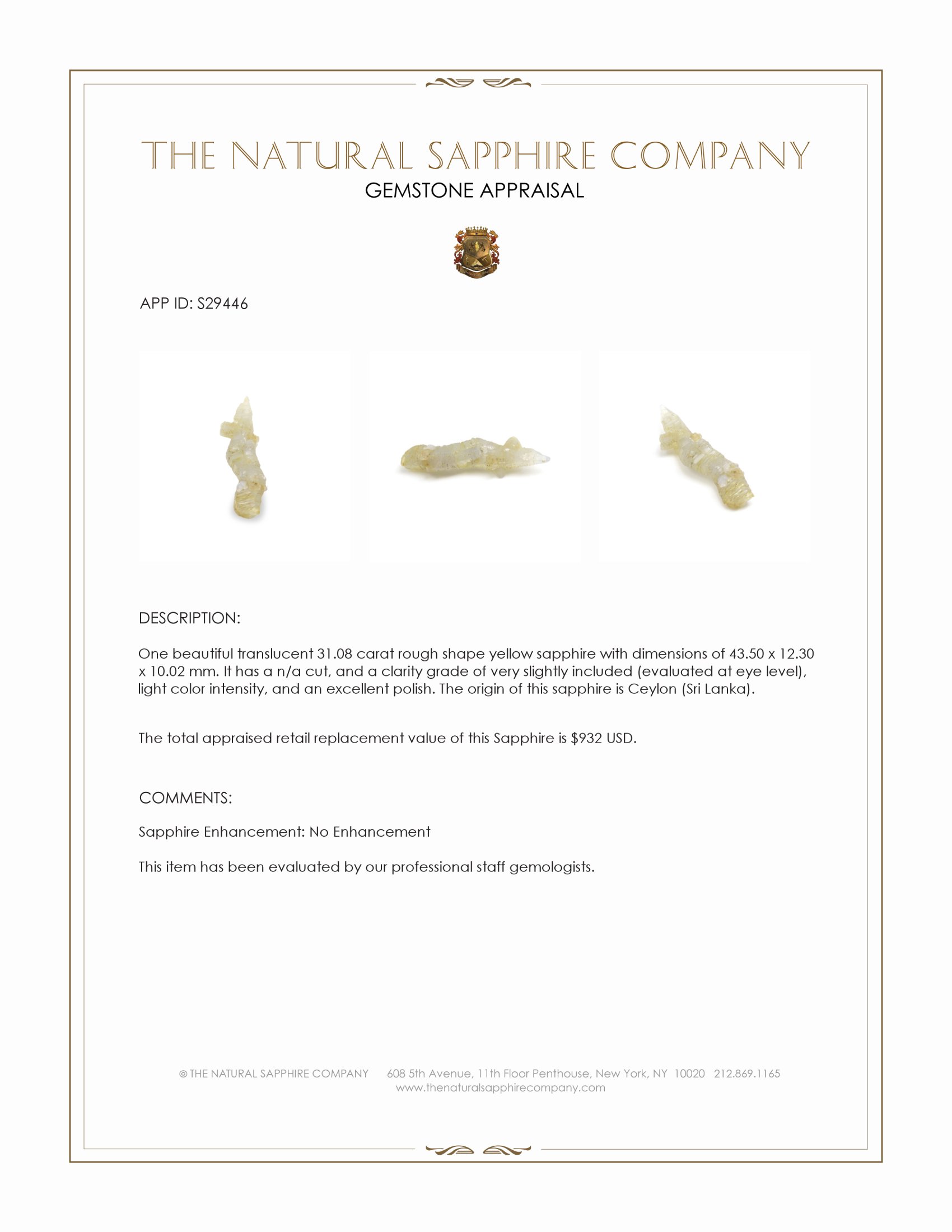 31.08 Ct. Yellow Rough Sapphire from Ceylon (Sri Lanka)