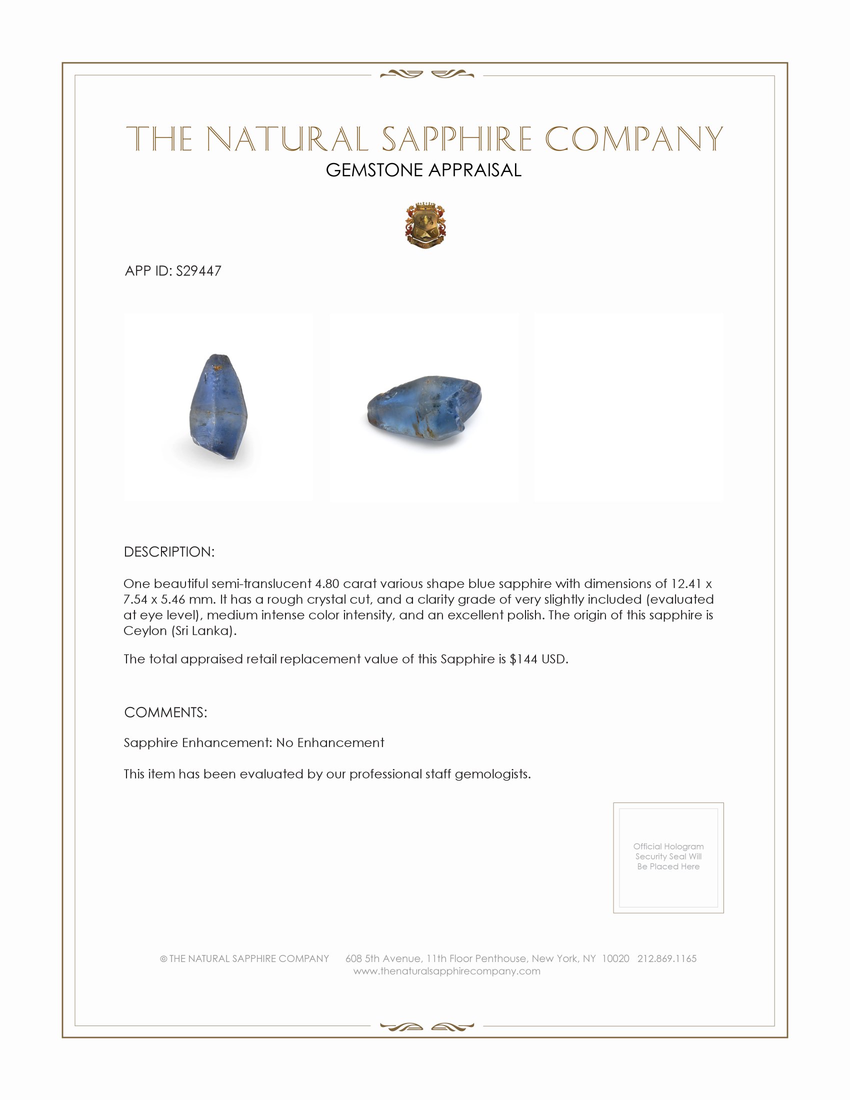 4.80 Ct. Blue Sapphire Crystal from Ceylon (Sri Lanka)