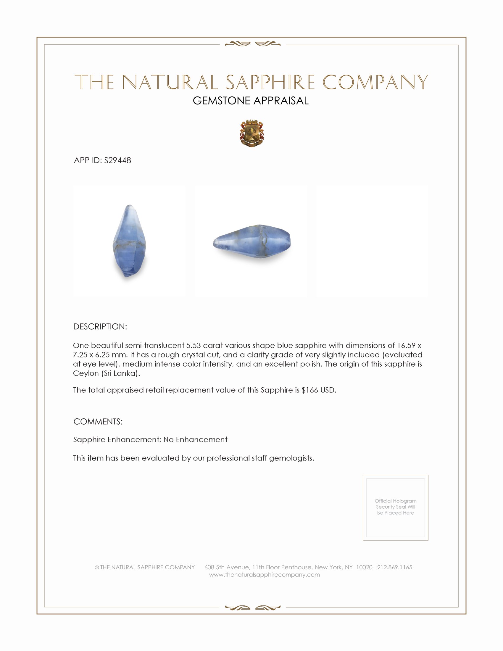 5.53 Ct. Blue Sapphire Crystal from Ceylon (Sri Lanka)