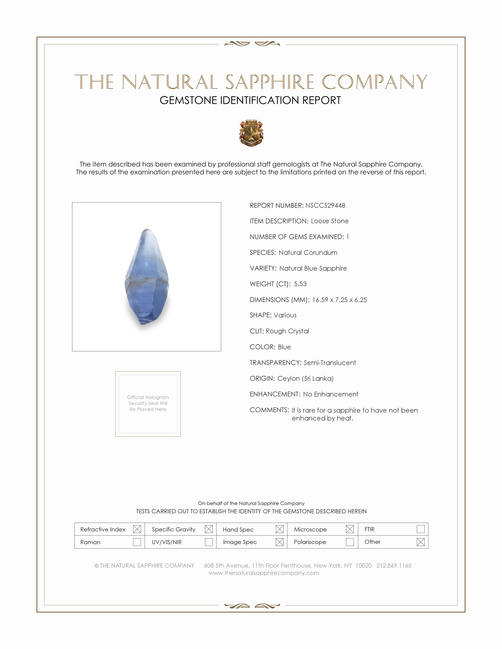 5.53 Ct. Blue Sapphire Crystal from Ceylon (Sri Lanka)