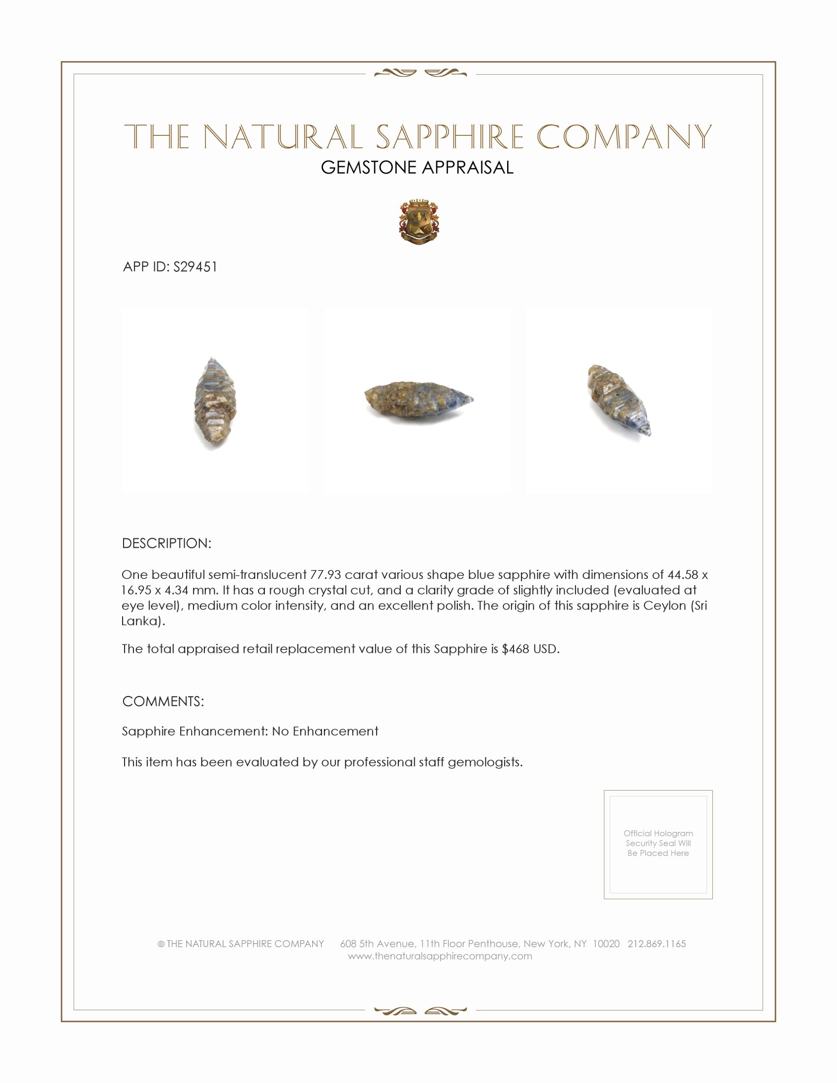 77.93 Ct. Blue Sapphire Crystal from Ceylon (Sri Lanka)