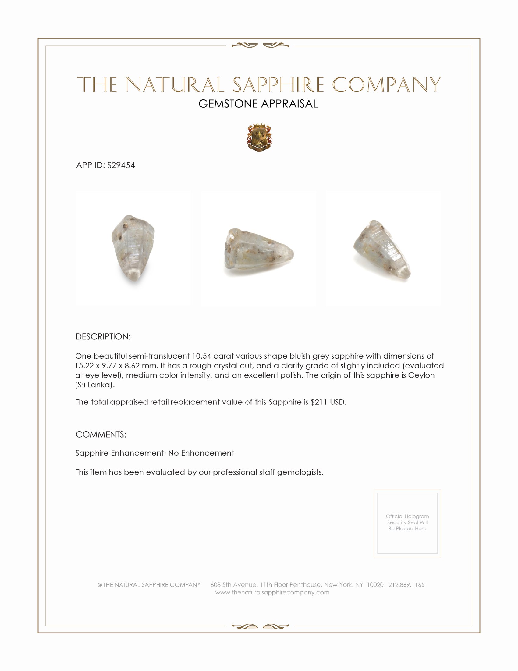 10.54 Ct. Bluish Grey Sapphire Crystal from Ceylon (Sri Lanka)