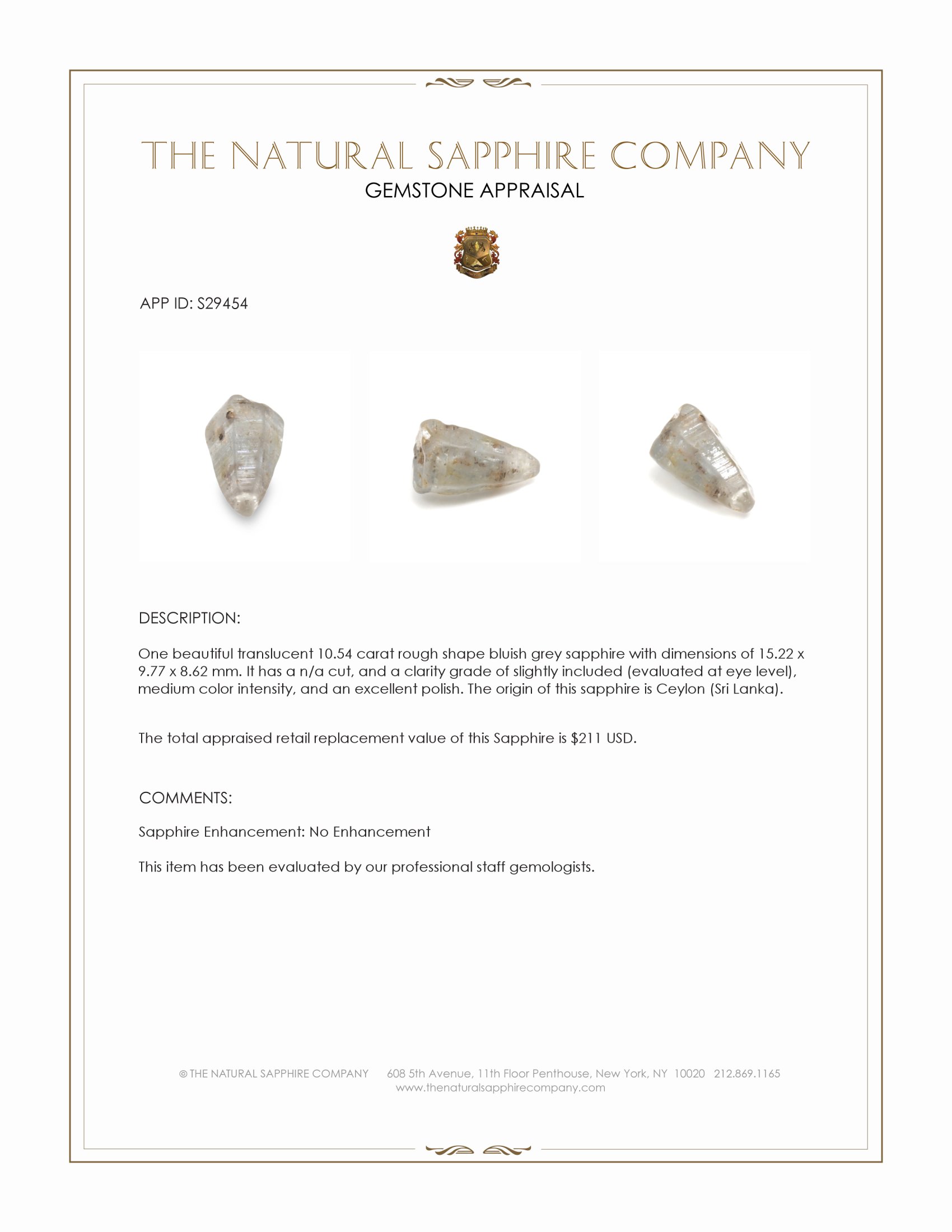 10.54 Ct. Bluish Grey Rough Sapphire from Ceylon (Sri Lanka)