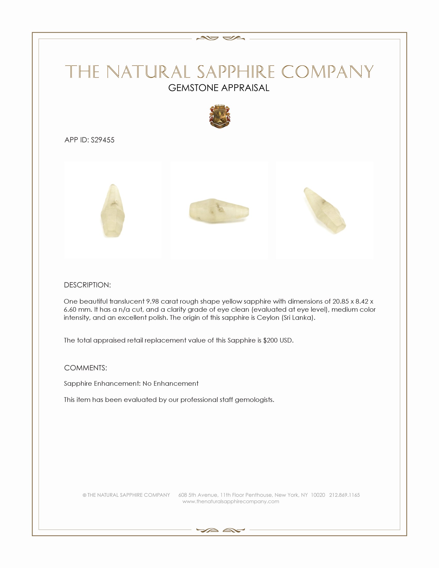 9.98 Ct. Yellow Rough Sapphire from Ceylon (Sri Lanka)