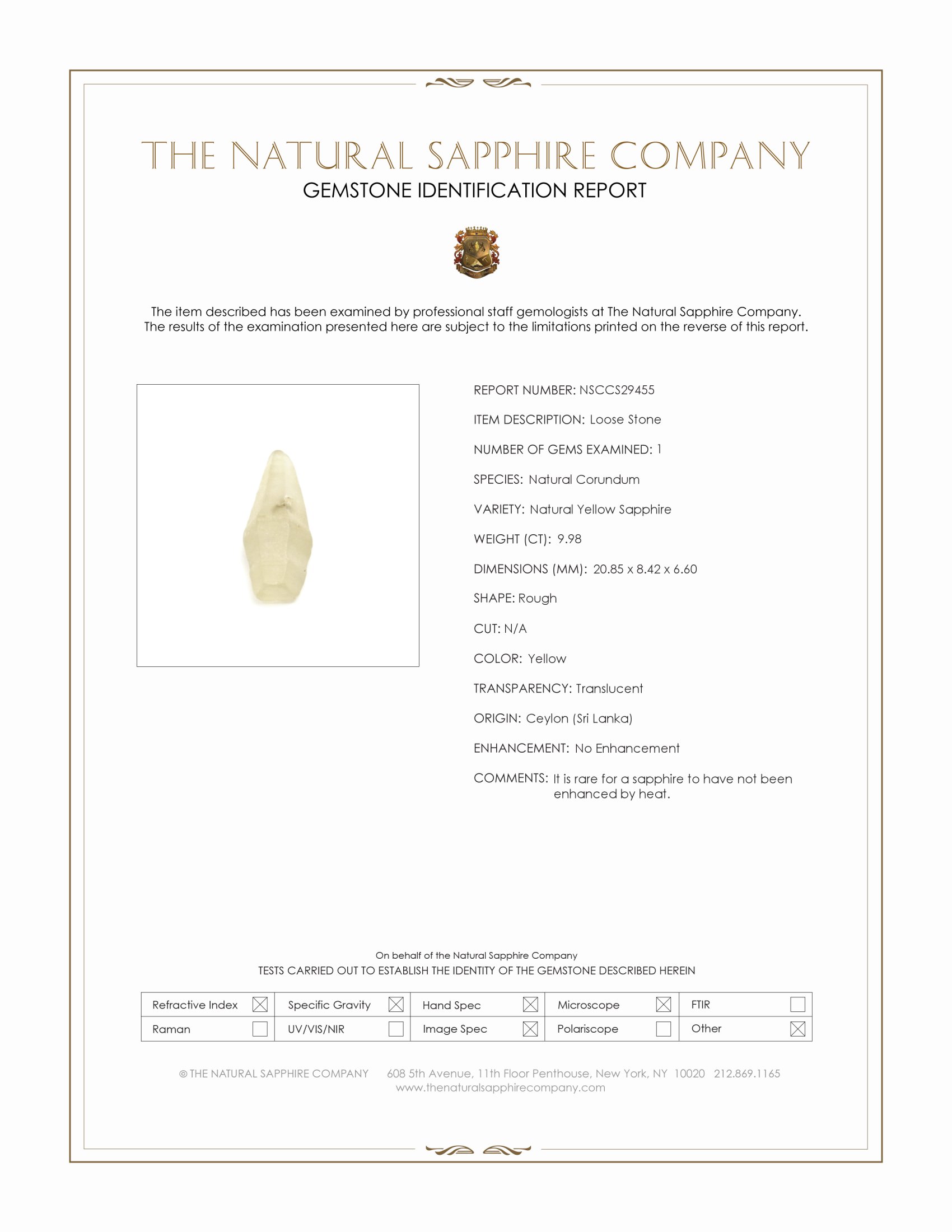 9.98 Ct. Yellow Rough Sapphire from Ceylon (Sri Lanka)
