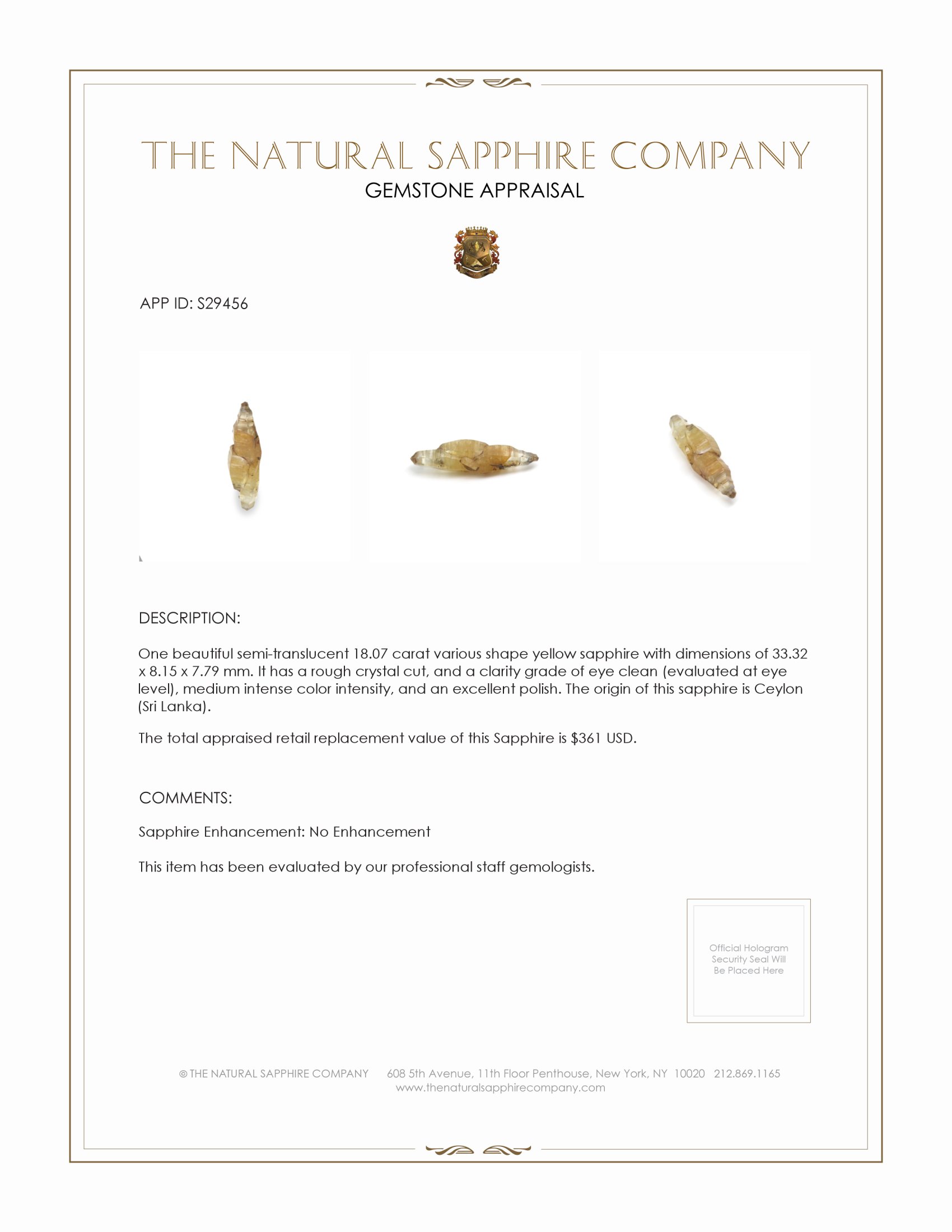 18.07 Ct. Yellow Sapphire Crystal from Ceylon (Sri Lanka)