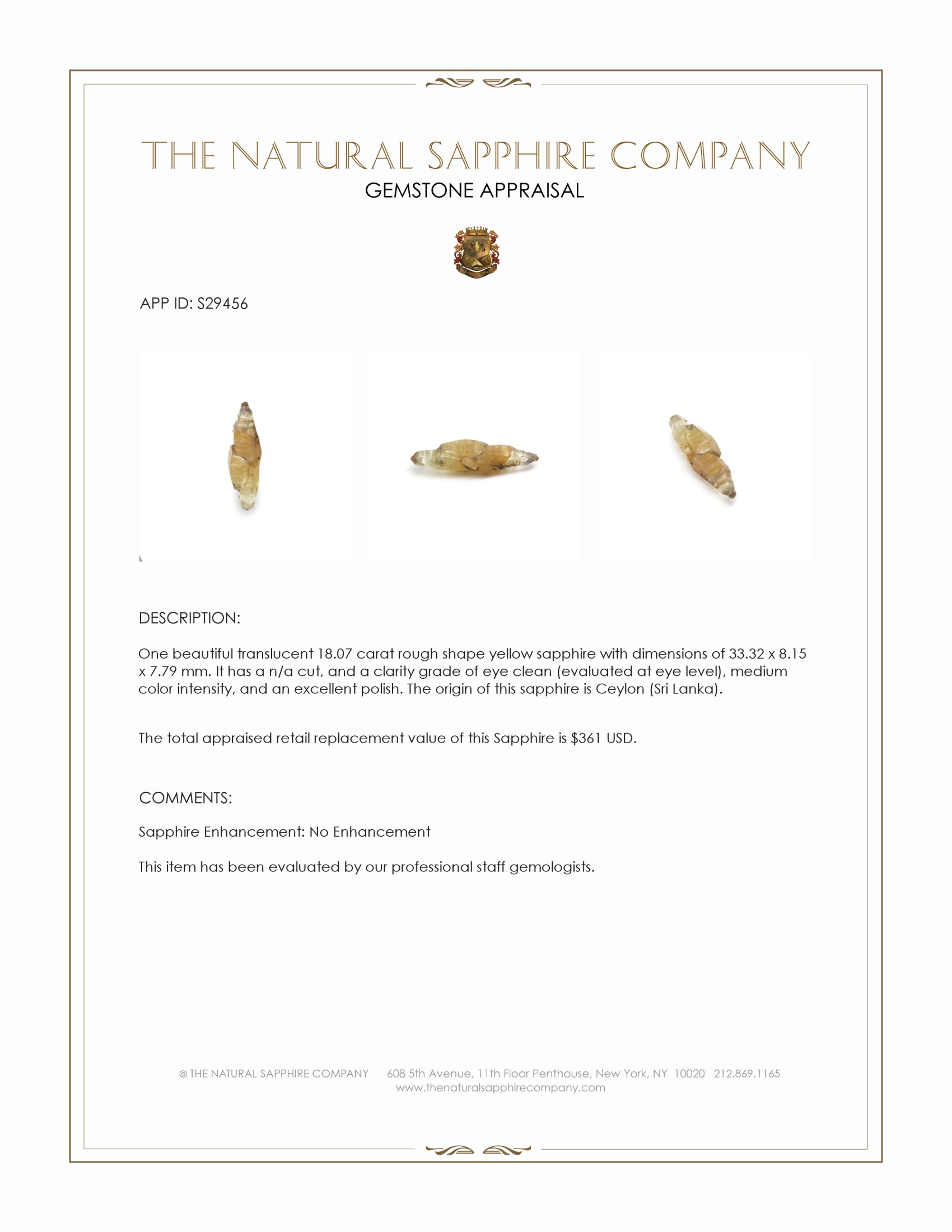 18.07 Ct. Yellow Rough Sapphire from Ceylon (Sri Lanka)