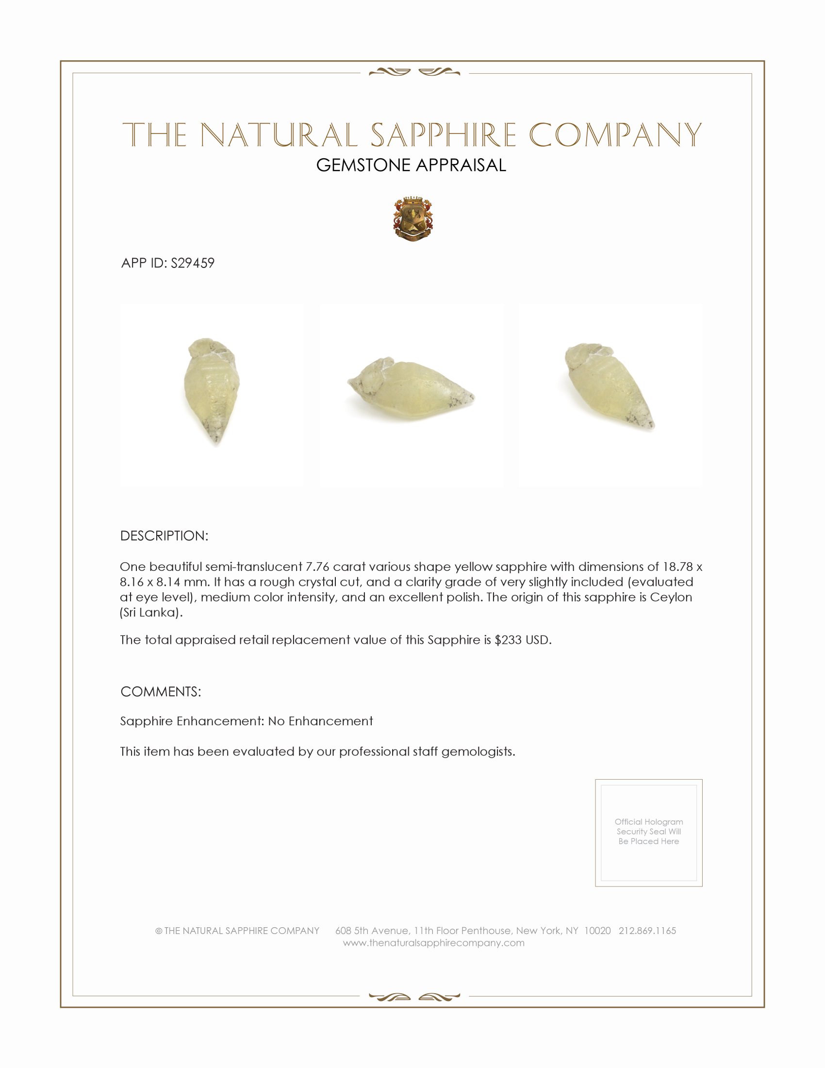 7.76 Ct. Yellow Rough Sapphire from Ceylon (Sri Lanka)