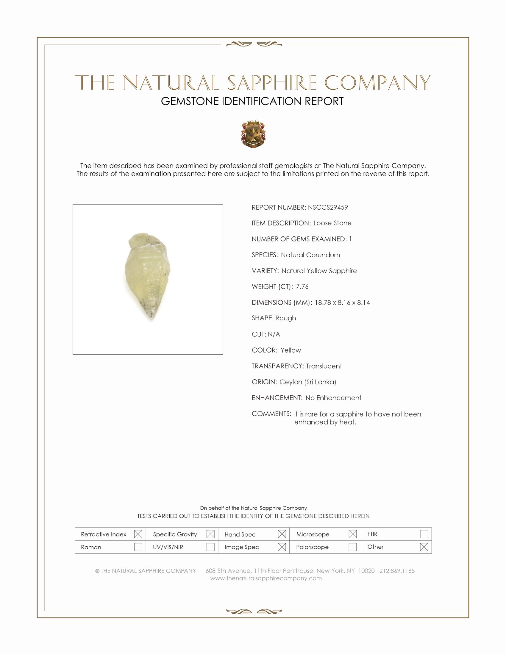 7.76 Ct. Yellow Rough Sapphire from Ceylon (Sri Lanka)