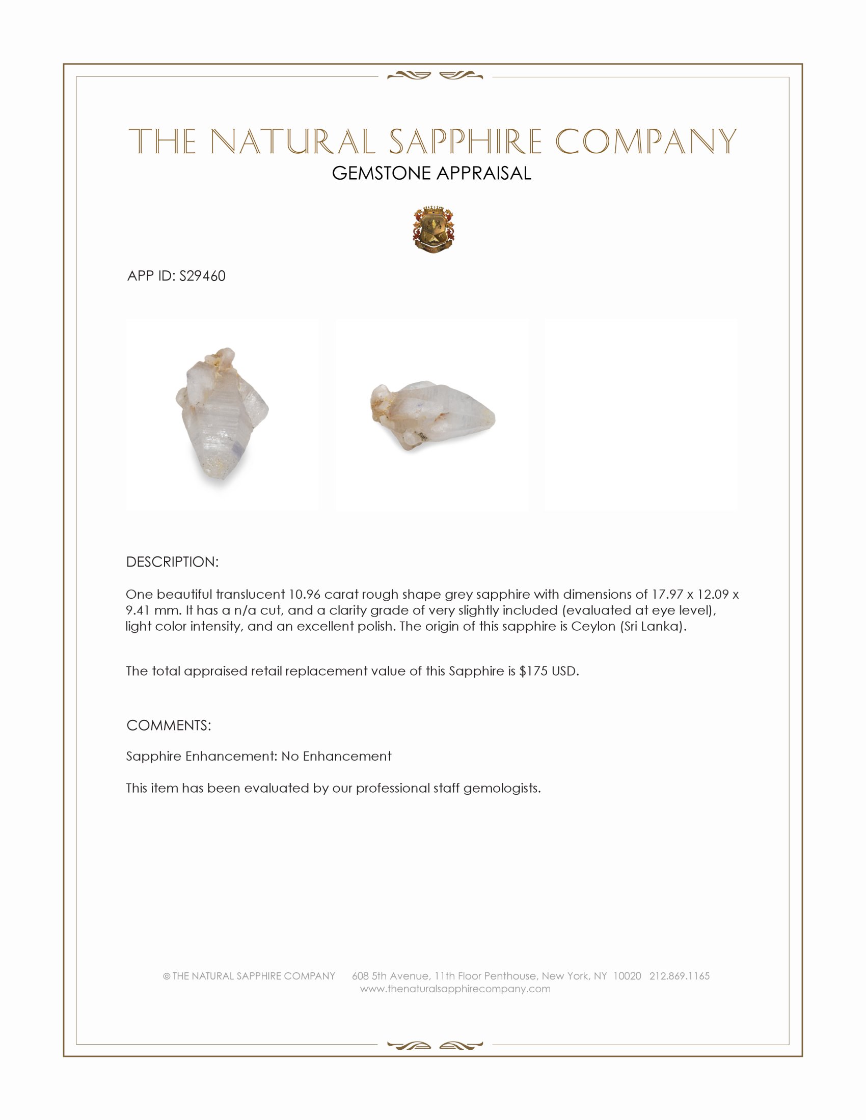 10.96 Ct. Grey Rough Sapphire from Ceylon (Sri Lanka)