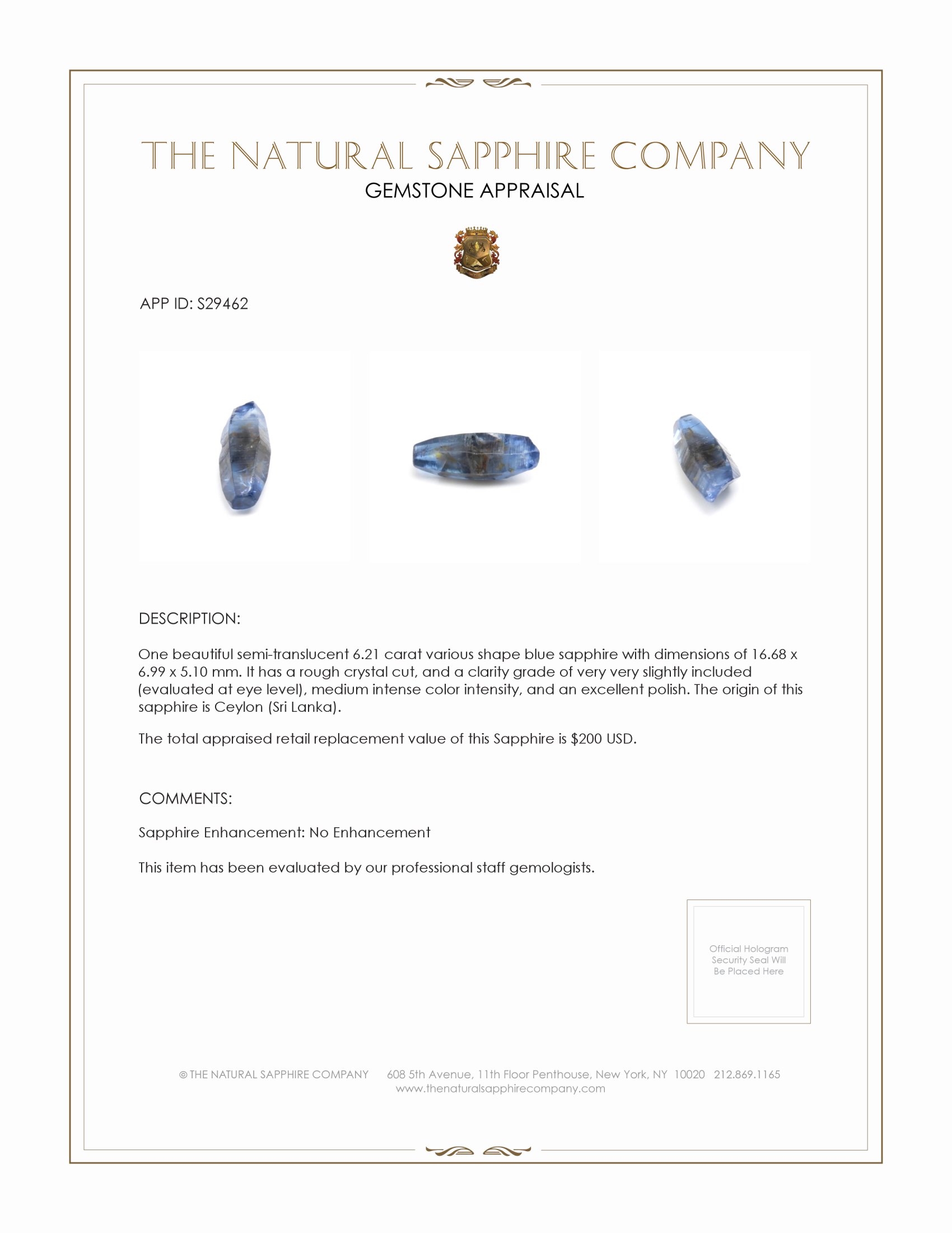 6.21 Ct. Blue Sapphire Crystal from Ceylon (Sri Lanka)