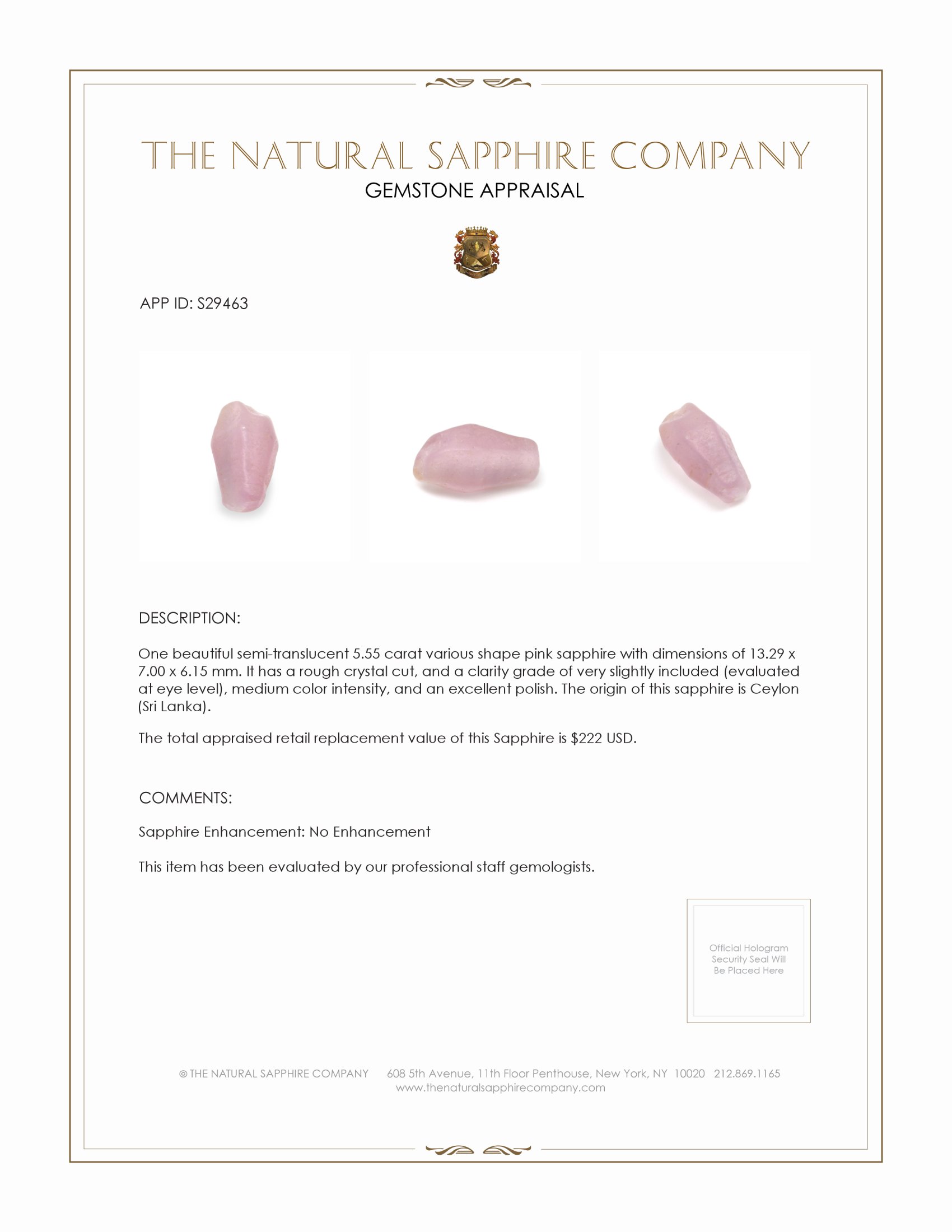 5.55 Ct. Pink Rough Sapphire Crystal from Ceylon (Sri Lanka)