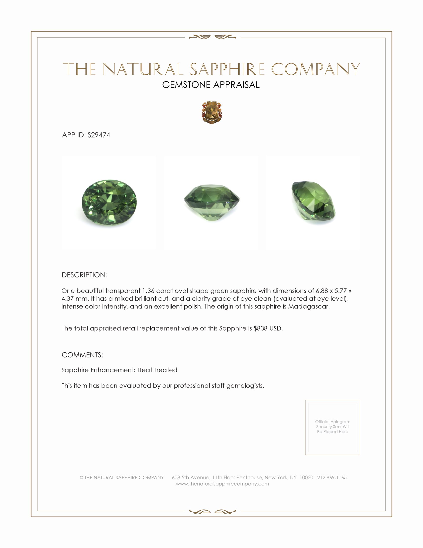 1.36 Ct. Green Sapphire from Madagascar