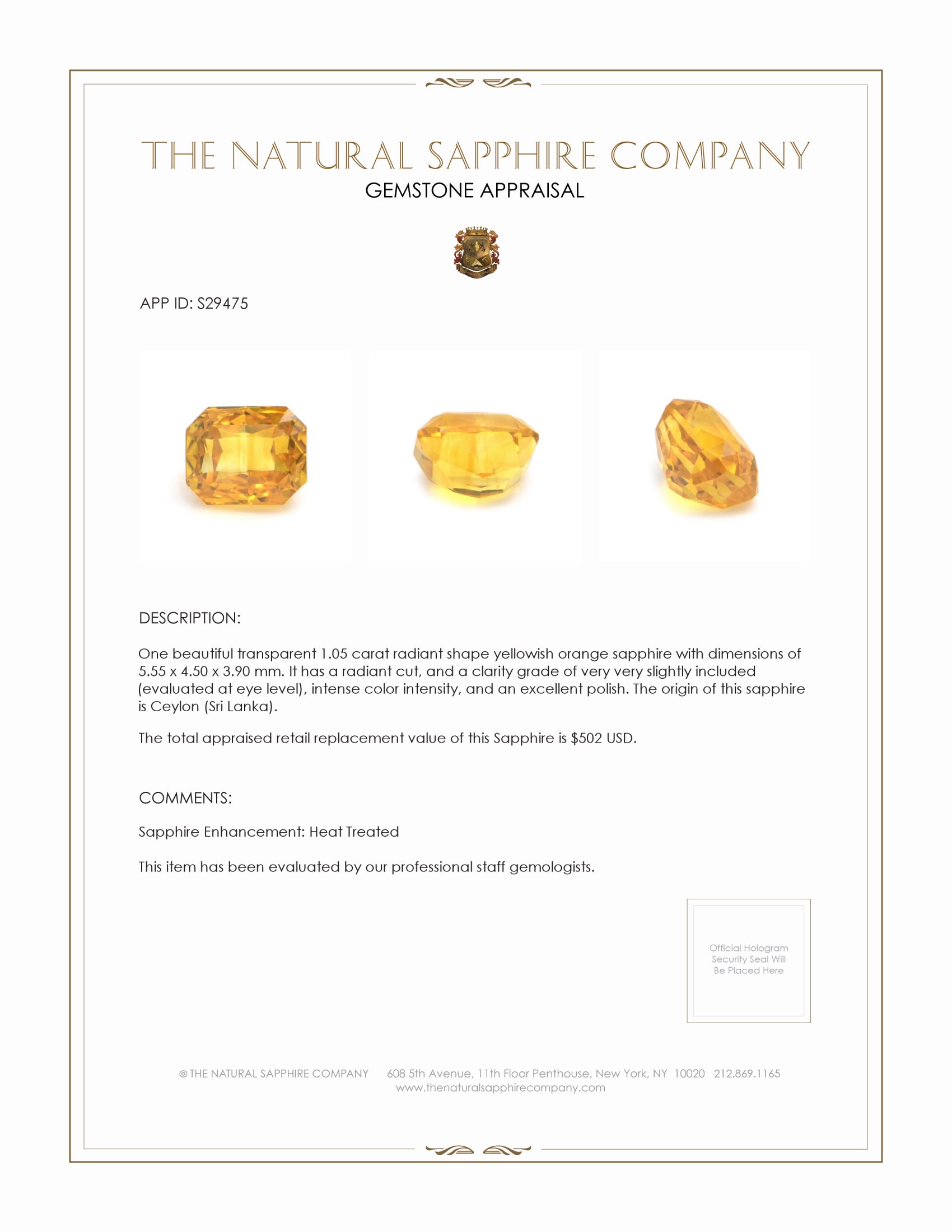 1.05 Ct. Yellowish Orange Sapphire from Ceylon (Sri Lanka)