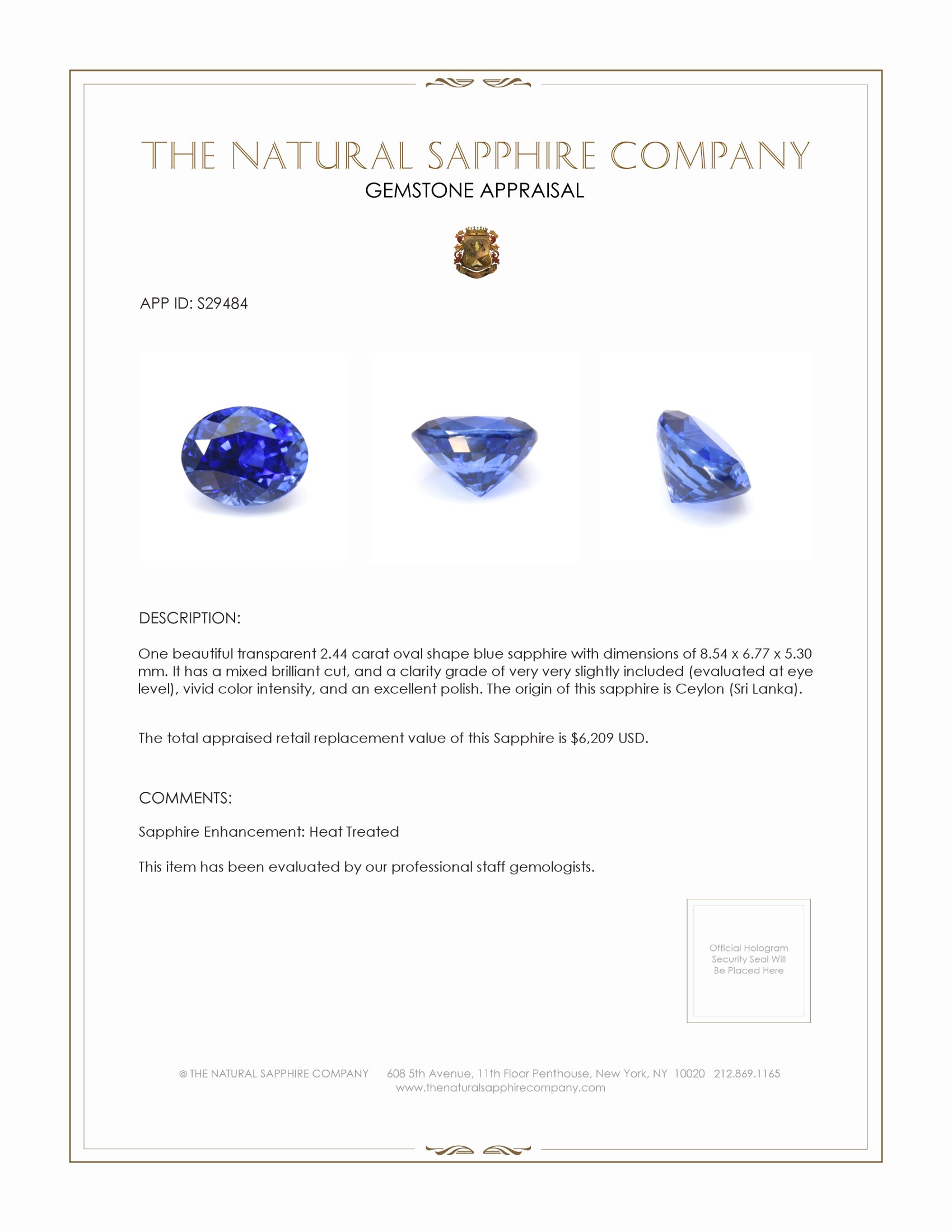 2.44 Ct. Blue Sapphire from Ceylon (Sri Lanka)