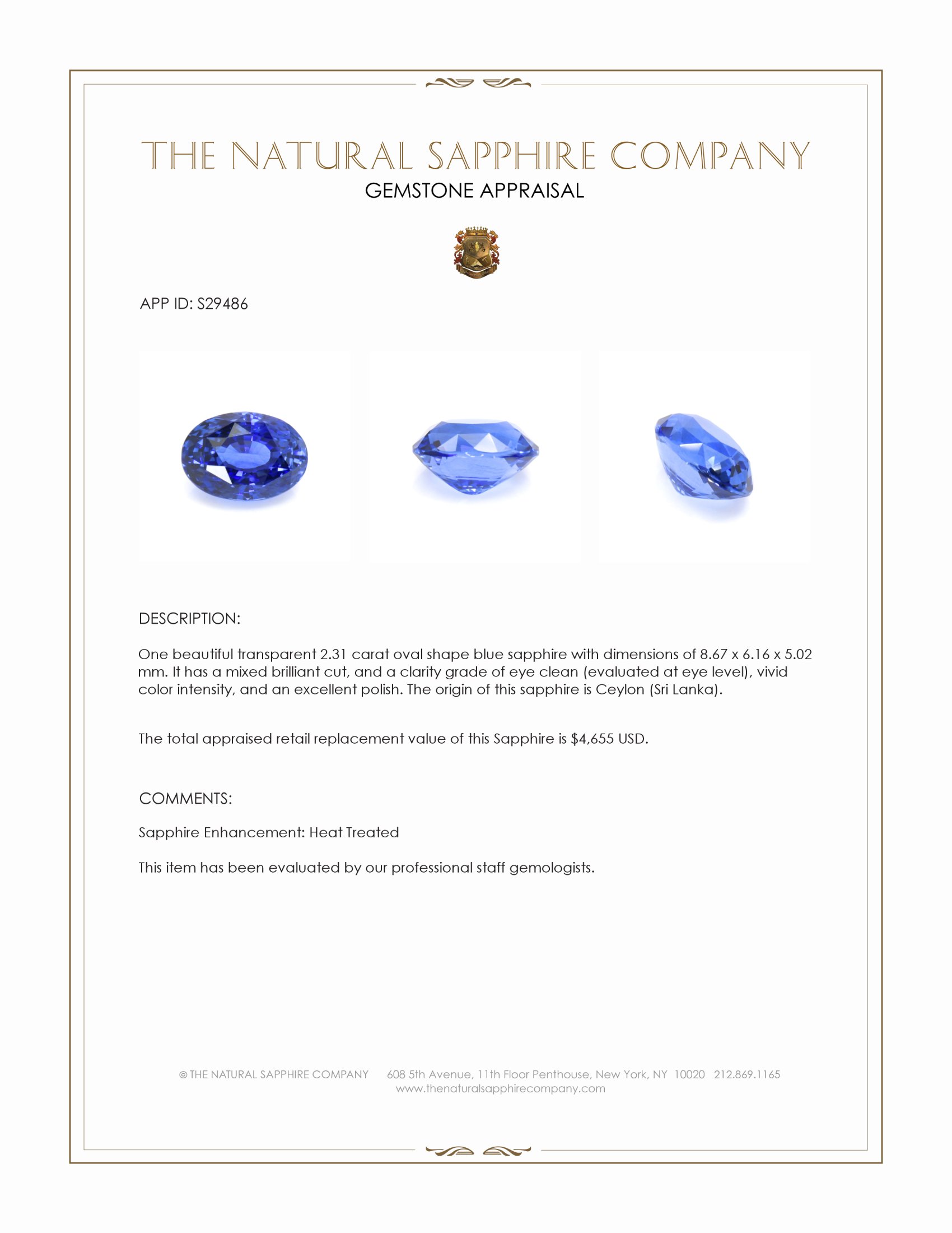 2.31 Ct. Blue Sapphire from Ceylon (Sri Lanka)