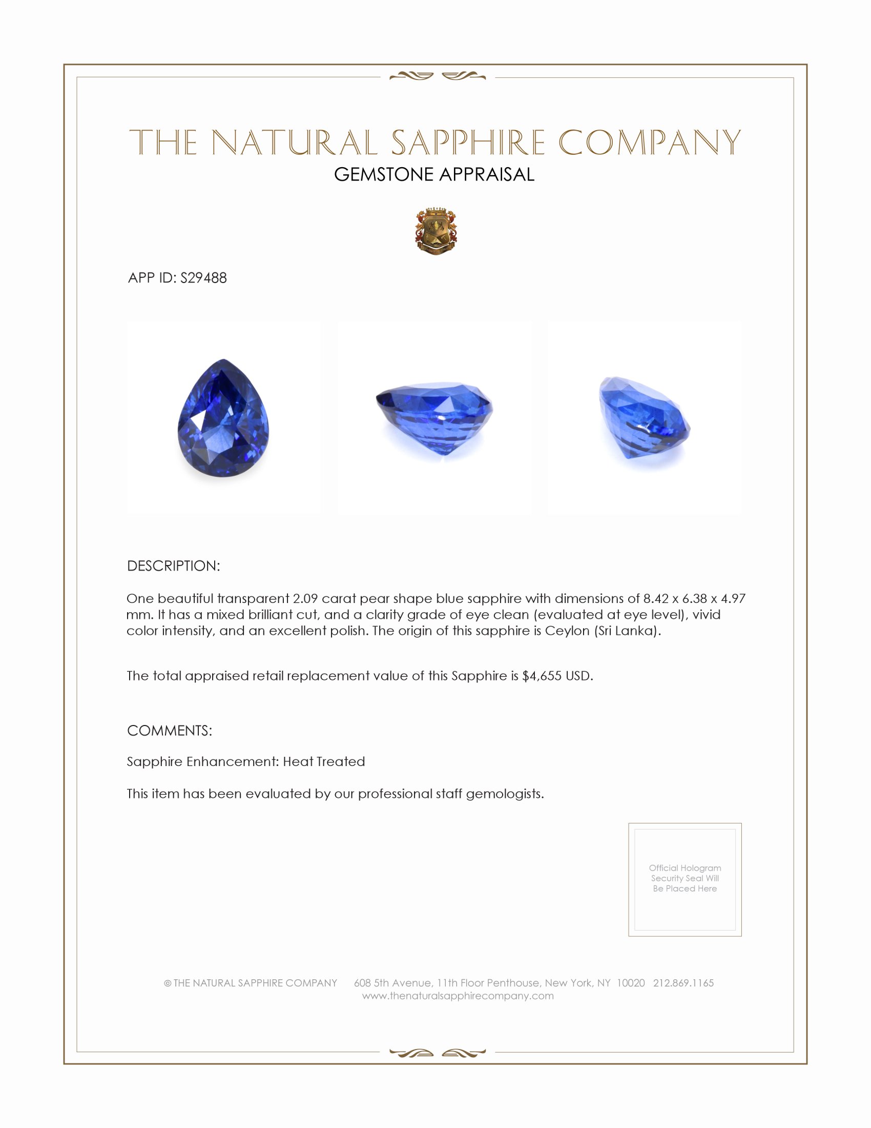 2.09 Ct. Blue Sapphire from Ceylon (Sri Lanka)