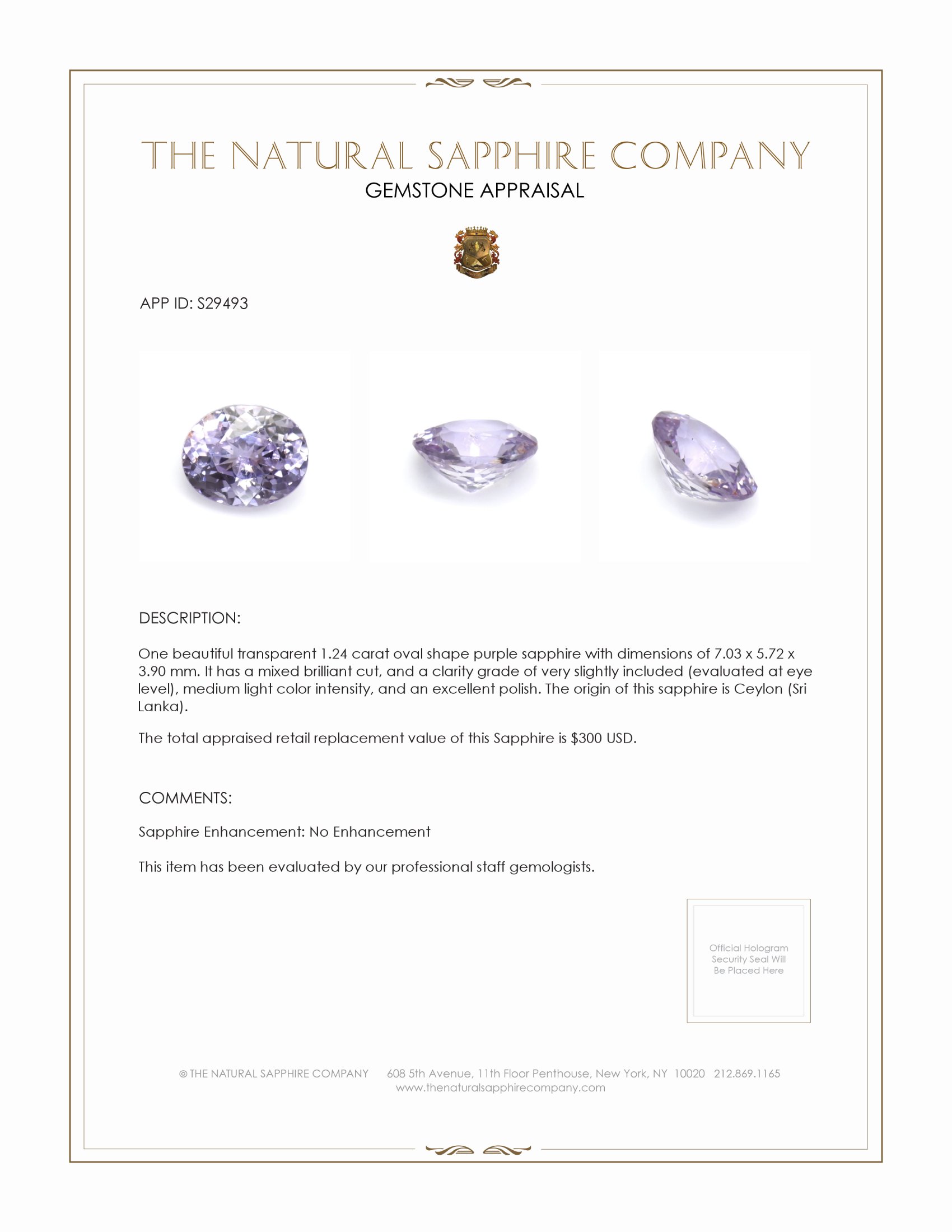 1.24 Ct. Purple Sapphire from Ceylon (Sri Lanka)