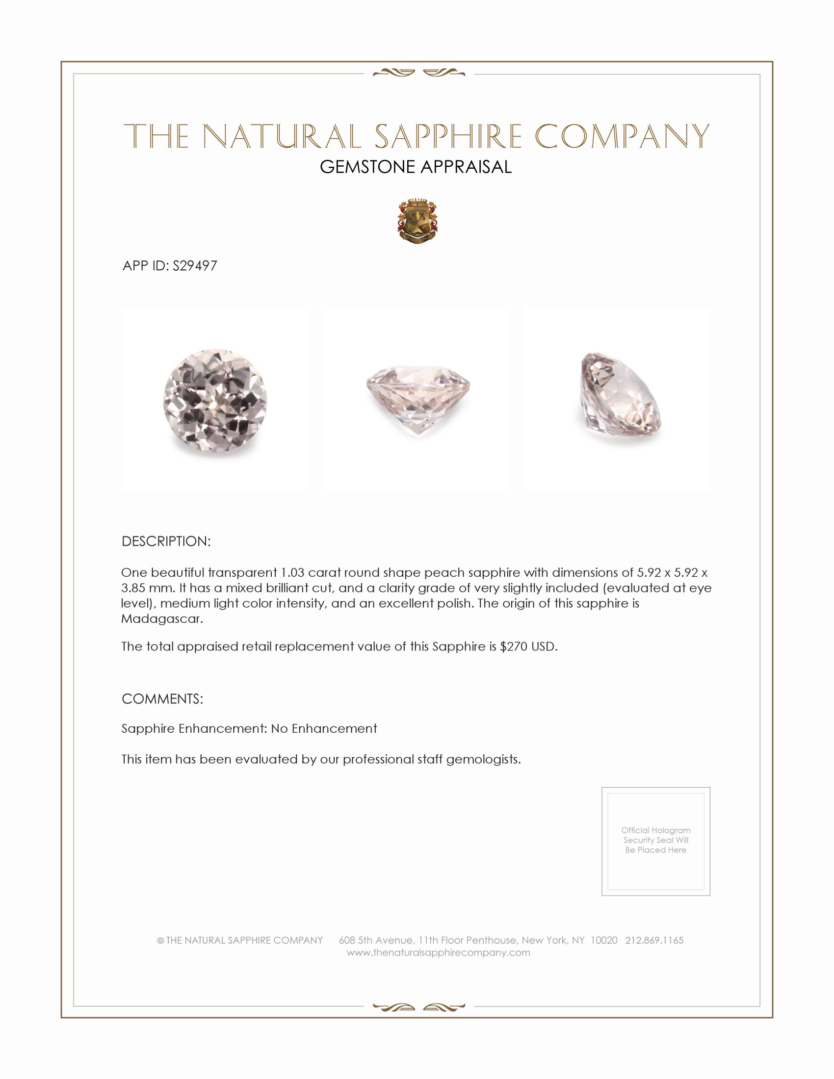 1.03 Ct. Peach Sapphire from Madagascar