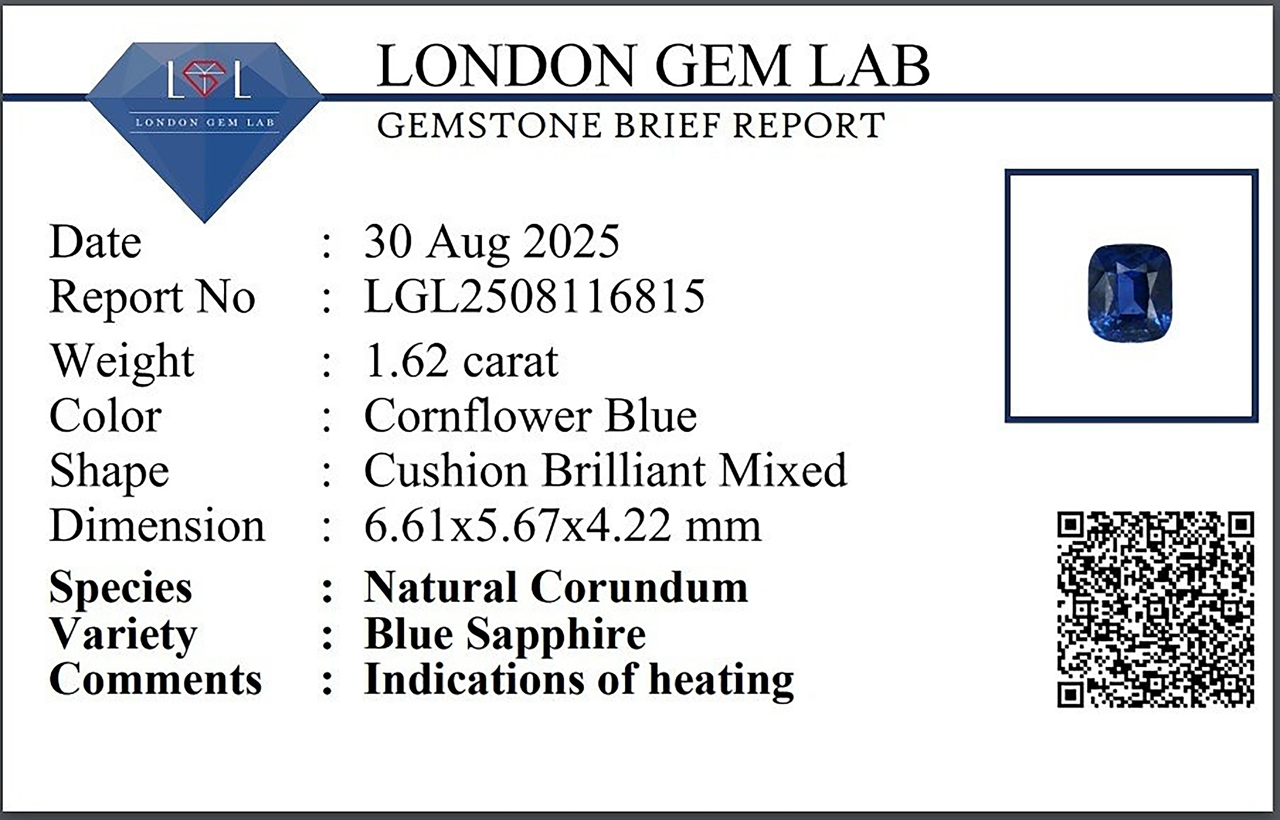 1.62 Ct. Blue Sapphire from Ceylon (Sri Lanka)