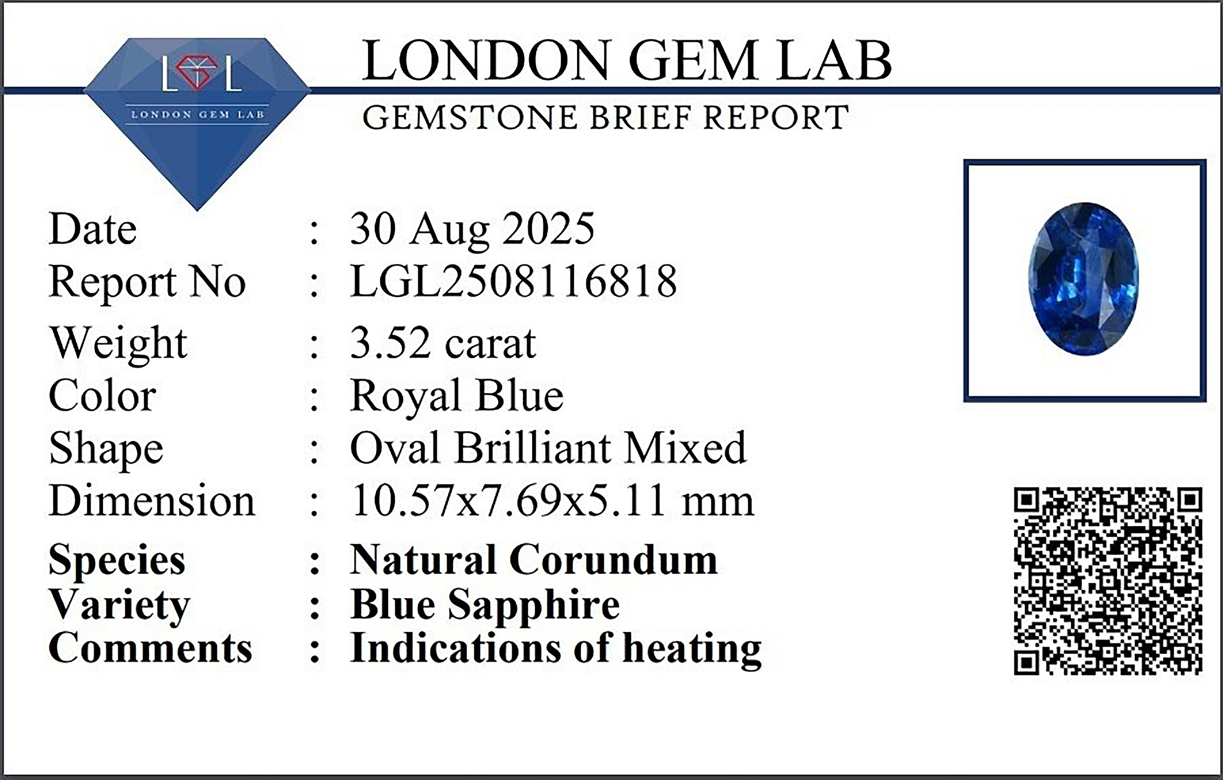 3.52 Ct. Blue Sapphire from Ceylon (Sri Lanka)
