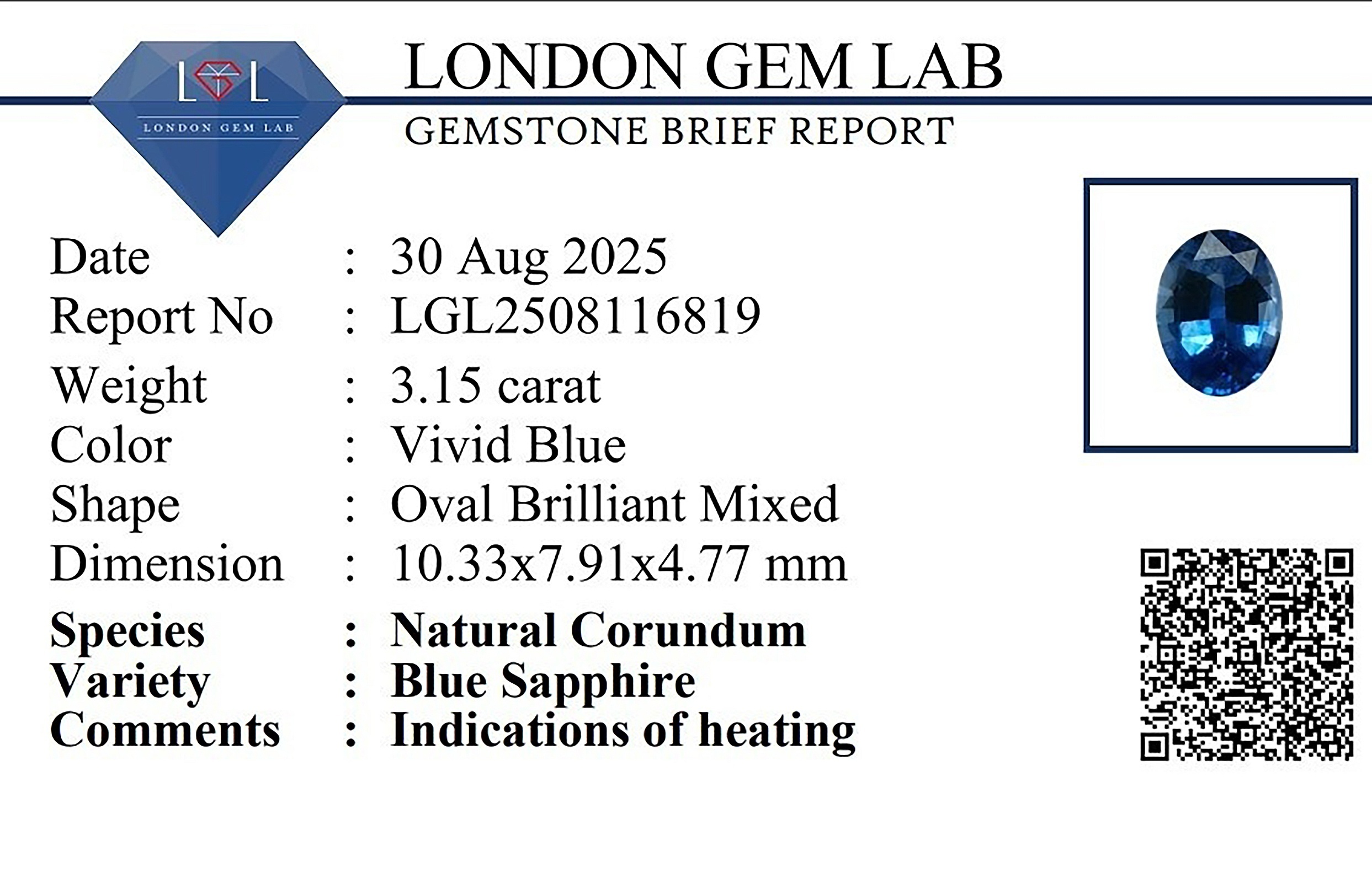 3.15 Ct. Blue Sapphire from Ceylon (Sri Lanka)