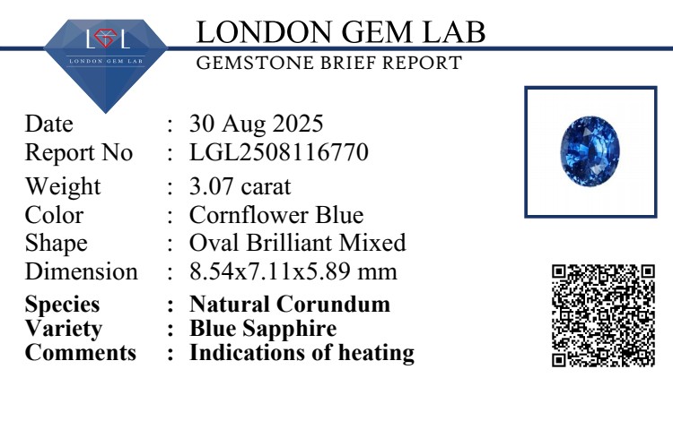 3.07 Ct. Blue Sapphire from Ceylon (Sri Lanka)
