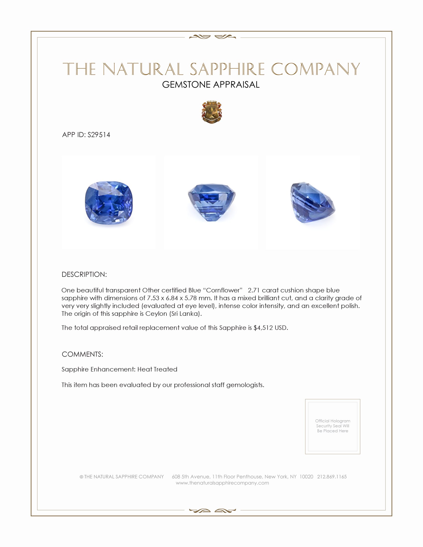 2.71 Ct. Blue Sapphire from Ceylon (Sri Lanka)