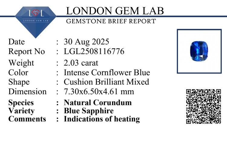 2.03 Ct. Blue Sapphire from Ceylon (Sri Lanka)