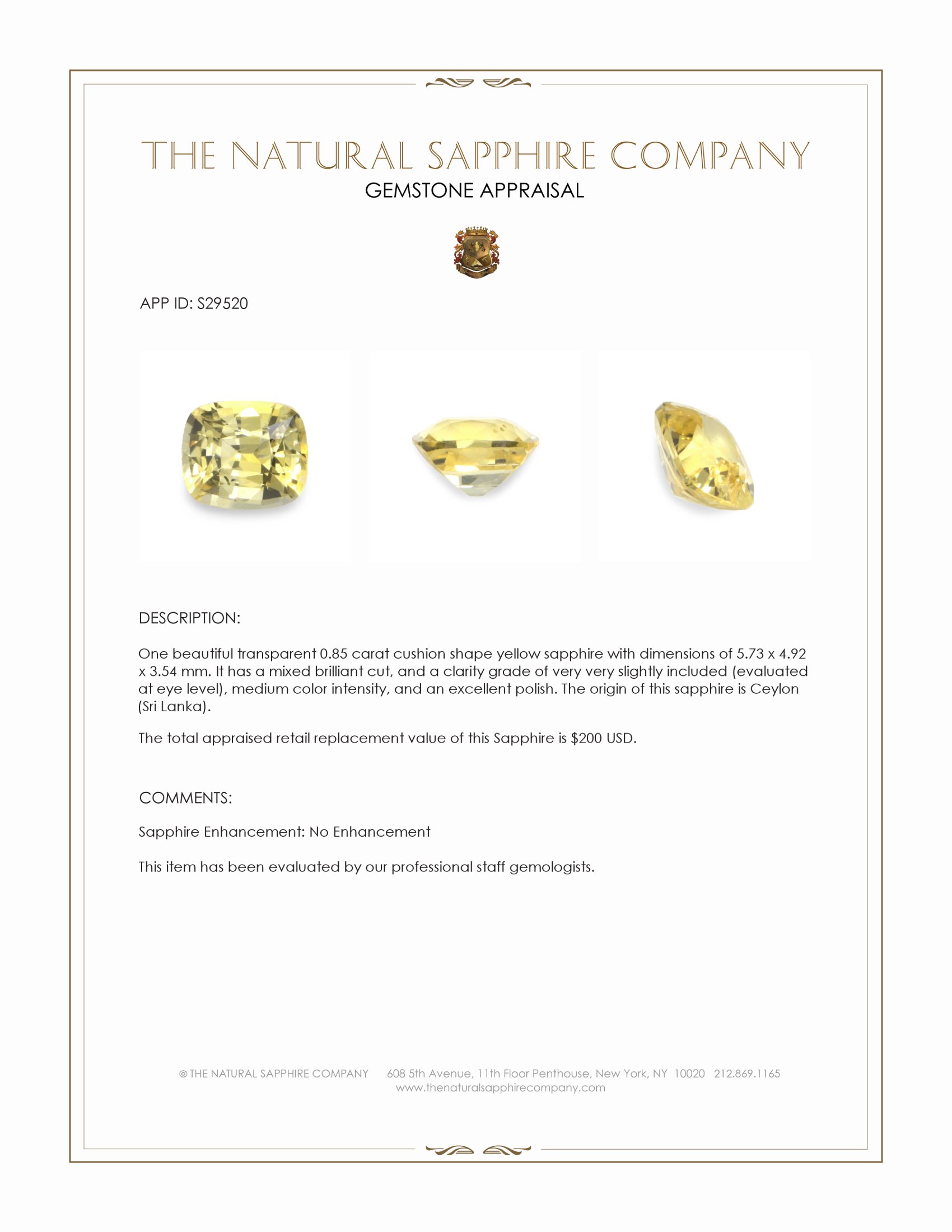 0.85 Ct. Yellow Sapphire from Ceylon (Sri Lanka)
