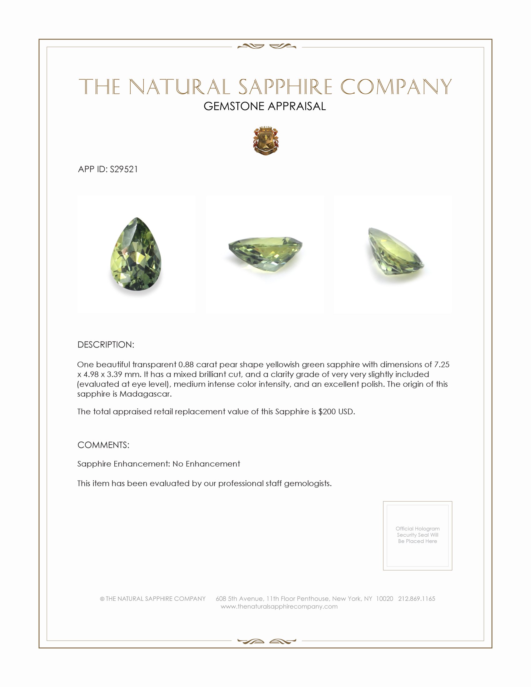 0.88 Ct. Yellowish Green Sapphire from Madagascar