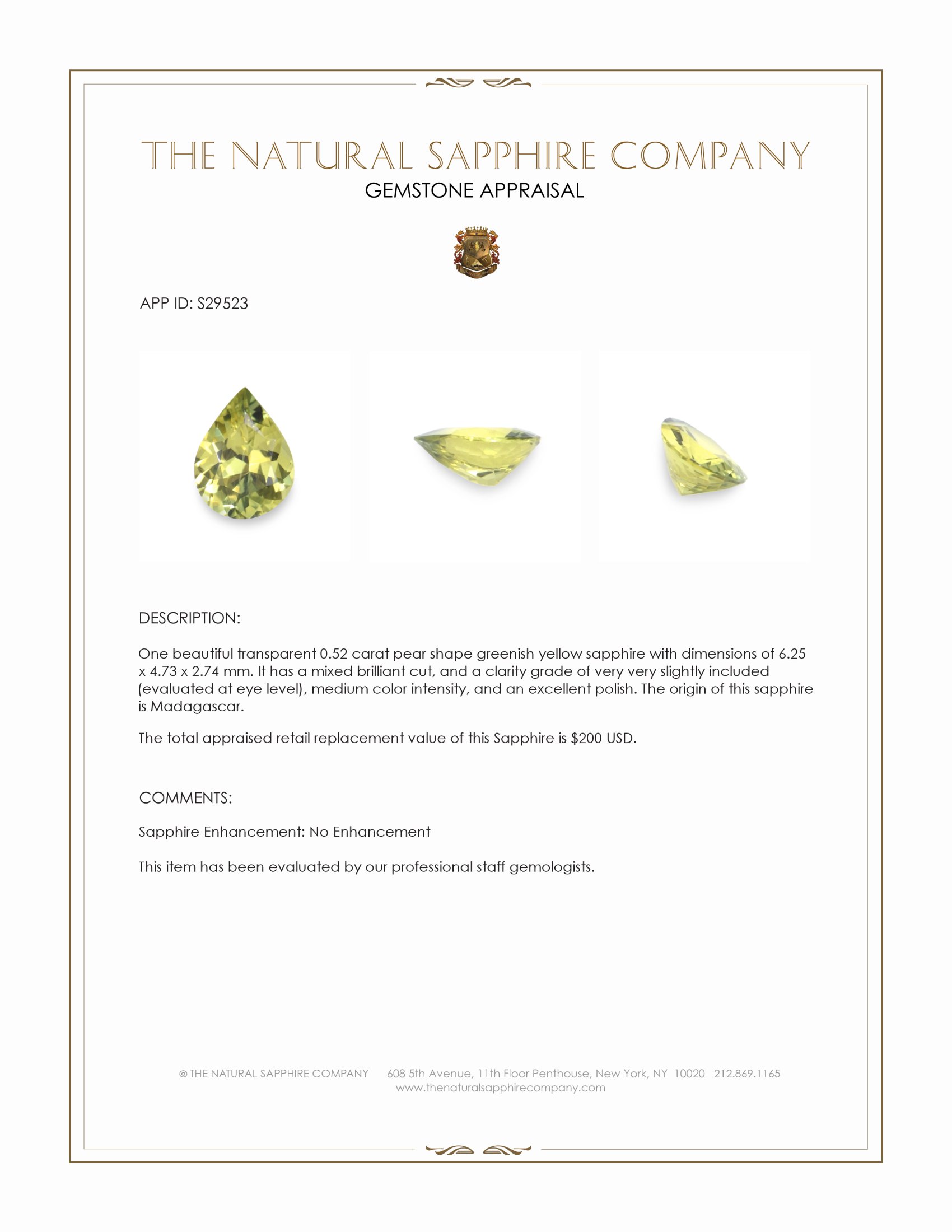 0.52 Ct. Greenish Yellow Sapphire from Madagascar