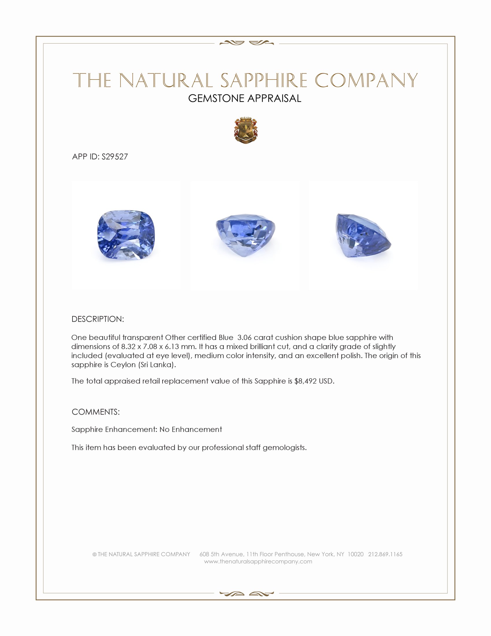 3.06 Ct. Blue Sapphire from Ceylon (Sri Lanka)